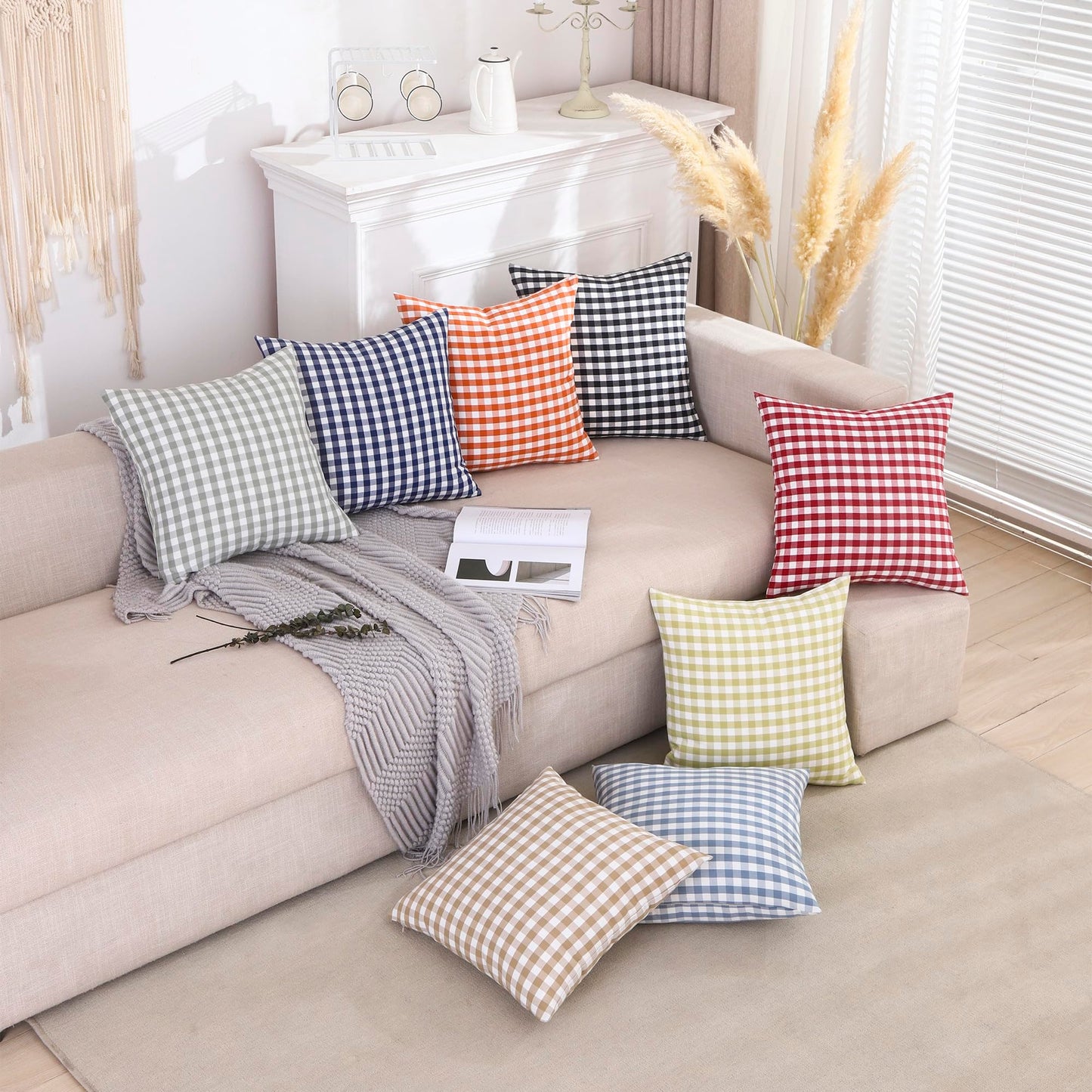 CARRIE HOME Set of 2 Farmhouse Sage Green Gingham Throw Pillow Covers 18x18 Checkered Plaid Decorative Pillow Cover Classic Retro Plaid Decor for Room Patio and Porch, Grey Green and White Gingham