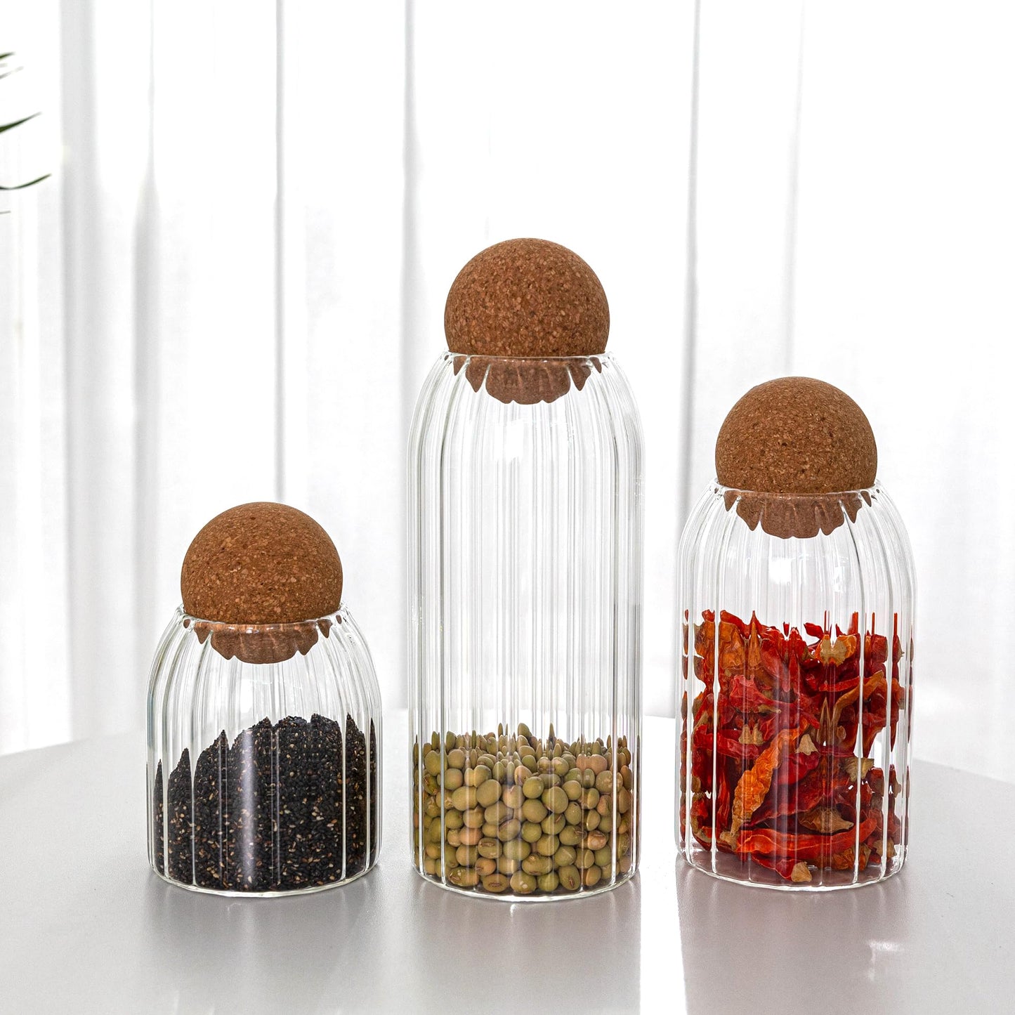 Wisifayardin Glass Jar Set of 3 - Airtight Sealed Cork Lids, Round Glass Bottles for Coffee Beans, Nut Storage, Canisters with Wooden Cork & Ball Lids, Glass Containers