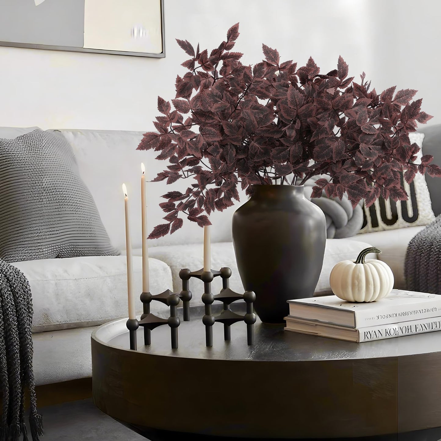 Hananona 4 Pcs Artificial Cimicifuga Leaf Spray, 23 in Faux Burgundy Fall Greenery Branch with Long Stems for Vase, Farmhouse Thanksgiving Autumn Centerpiece Halloween Decor (4, Chocolate, 23 in)