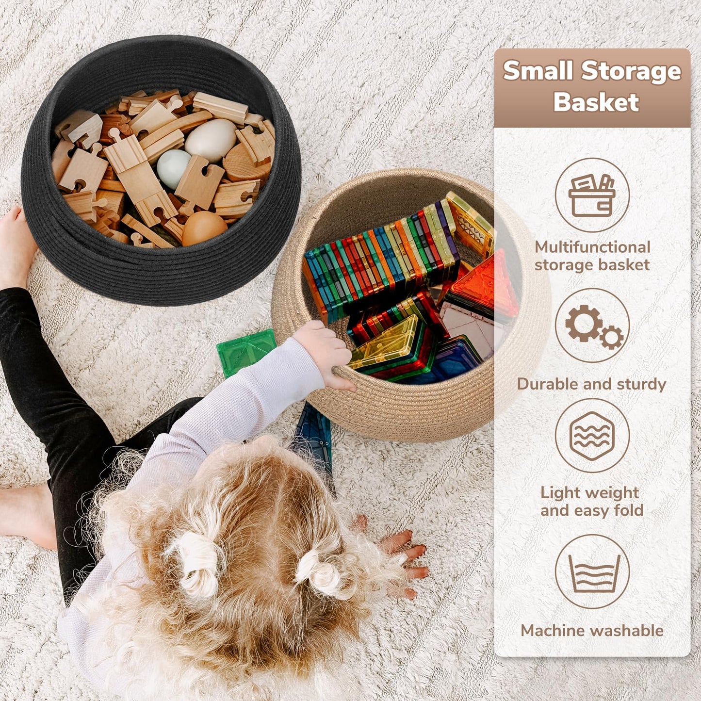 Goodpick Wicker Storage Basket for Living Room, Small Round Woven Basket for Toys, Towel, Bedroom, Children Corner Decoration Plant Baskets Indoor, Jute, 10"D x 8.3"H