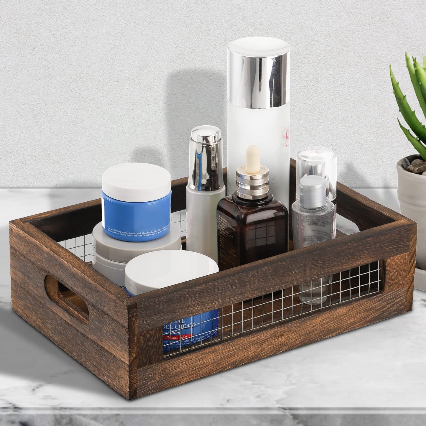 Dicunoy Set of 2 Rustic Nesting Boxes, Wooden Organizer Crates Basket, Small Decorative Wood Wire Containers with Handle for Countertop, Fruit, Veggies, Kitchen, Bathroom, Pantry Storage, Gift Basket