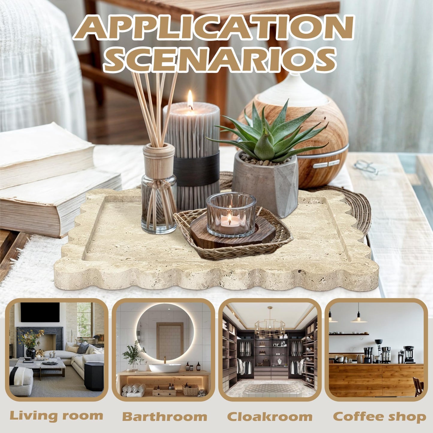 Marble Tray 100% Marble Vanity Trays for Bathroom 12" x 9", Scalloped Tray, Marble Tray for Kitchen Counter, Bathroom (Beige Travertine)