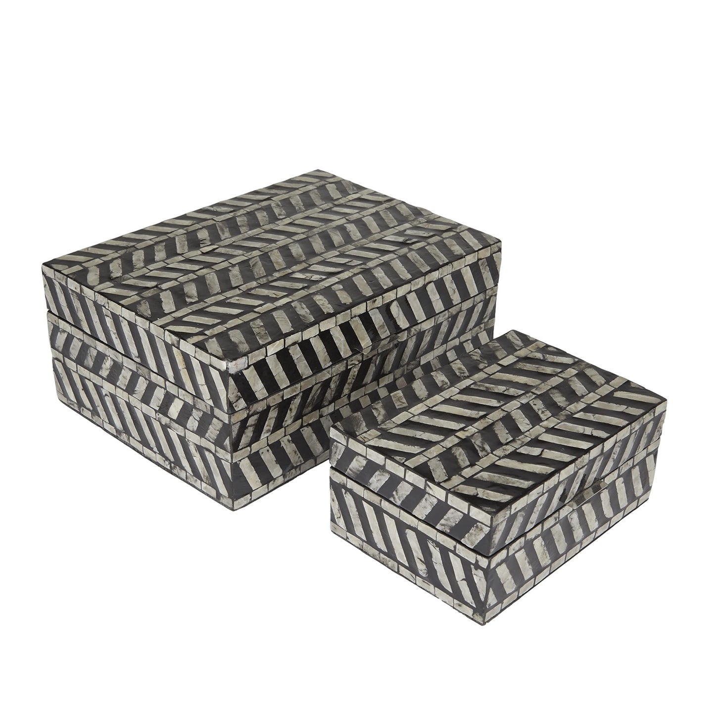 Deco 79 Mother of Pearl Shell Handmade Decorative Box Chevron Pattern Decorative Keepsake Boxes with Hinged Lid, Set of 2 Storage Boxes 12", 8"W, Gray