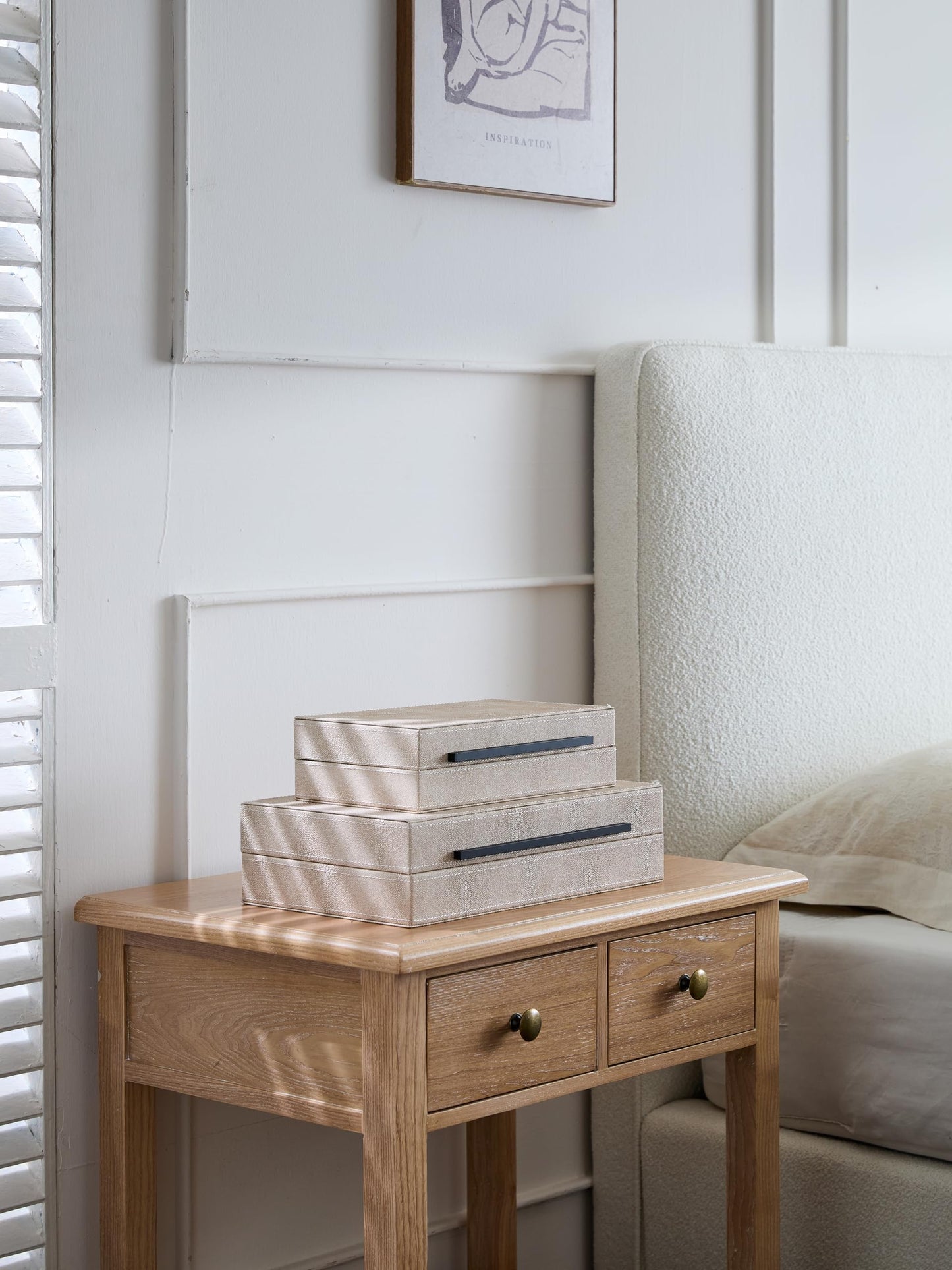 Goodinough Ivory Shagreen Decorative Boxes with Lids Set of 2 - Large Leather Stacking Storage Boxes for Home Decor, Black Metal Handle Remote Control Box, Modern Jewelry Box for Shelves, Coffee Table