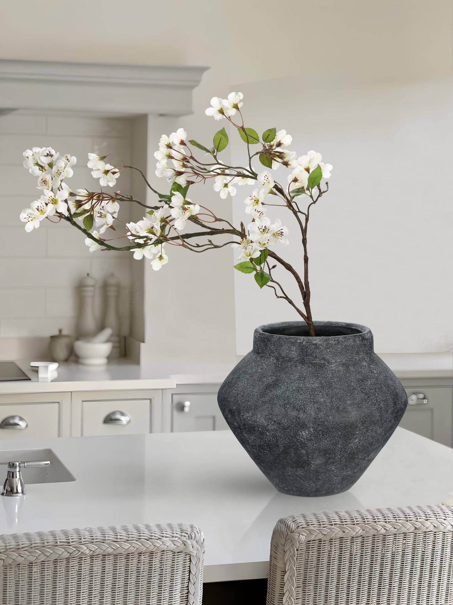 Briful Large Rustic Ceramic Vase with Distressed Finish, 8.2'' Tall Wide-Belly Decorative Flower Vases with Felt Pads, Retro Style Pottery for Home Decor, Table Centerpiece, Black