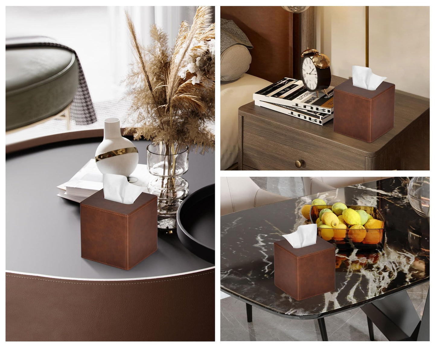 GOLRANLYE Tissue Box Cover Square PU Leather Facial Tissue Box Holder for Dresser Bathroom Decor (Brown)