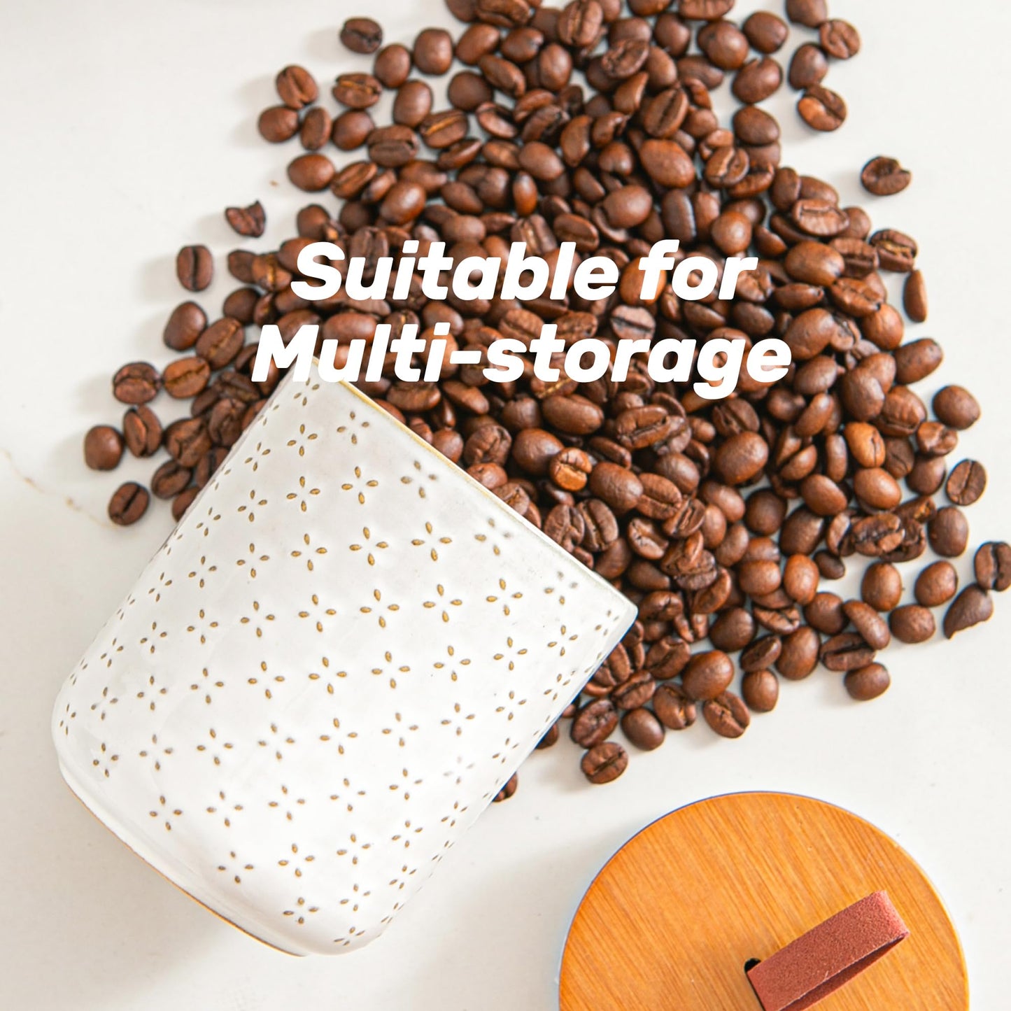 JOJUNO White Ceramic Canister Set with Wooden Lids – 3-Piece Airtight Food Storage Jars for Kitchen, Embossed Design, Small/Medium/Large Sizes (12/30/48 oz) – Flour, Sugar, Coffee, Tea Containers