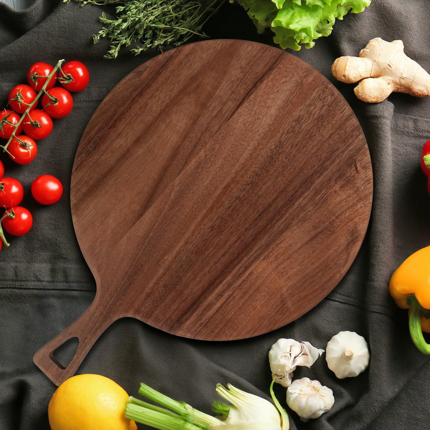 15.4 x 11.4 Inch Acacia Large Wood Cutting Board with Handle Large Round Wooden Cutting Boards Cutting Serving Board for Kitchen Meat Bread Cheese Pizza Vegetables Board Wedding Housewarming Gift