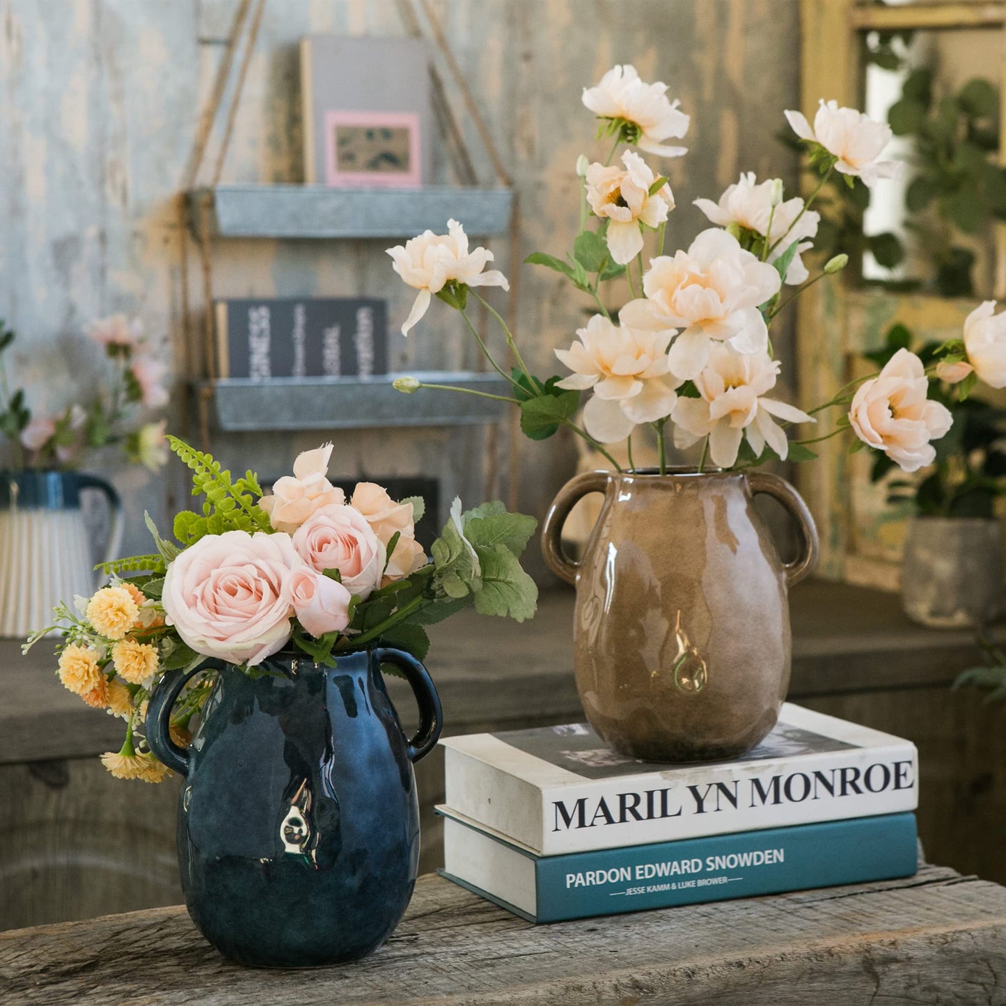 Tanvecle Brown Ceramic Vase with 2 Handles, Modern Farmhouse Decor, Rustic Terracotta Pottery, Decorative Flower Vases, Clay Small Vase, Centerpiece for Dining Table - 7 Inch Tall