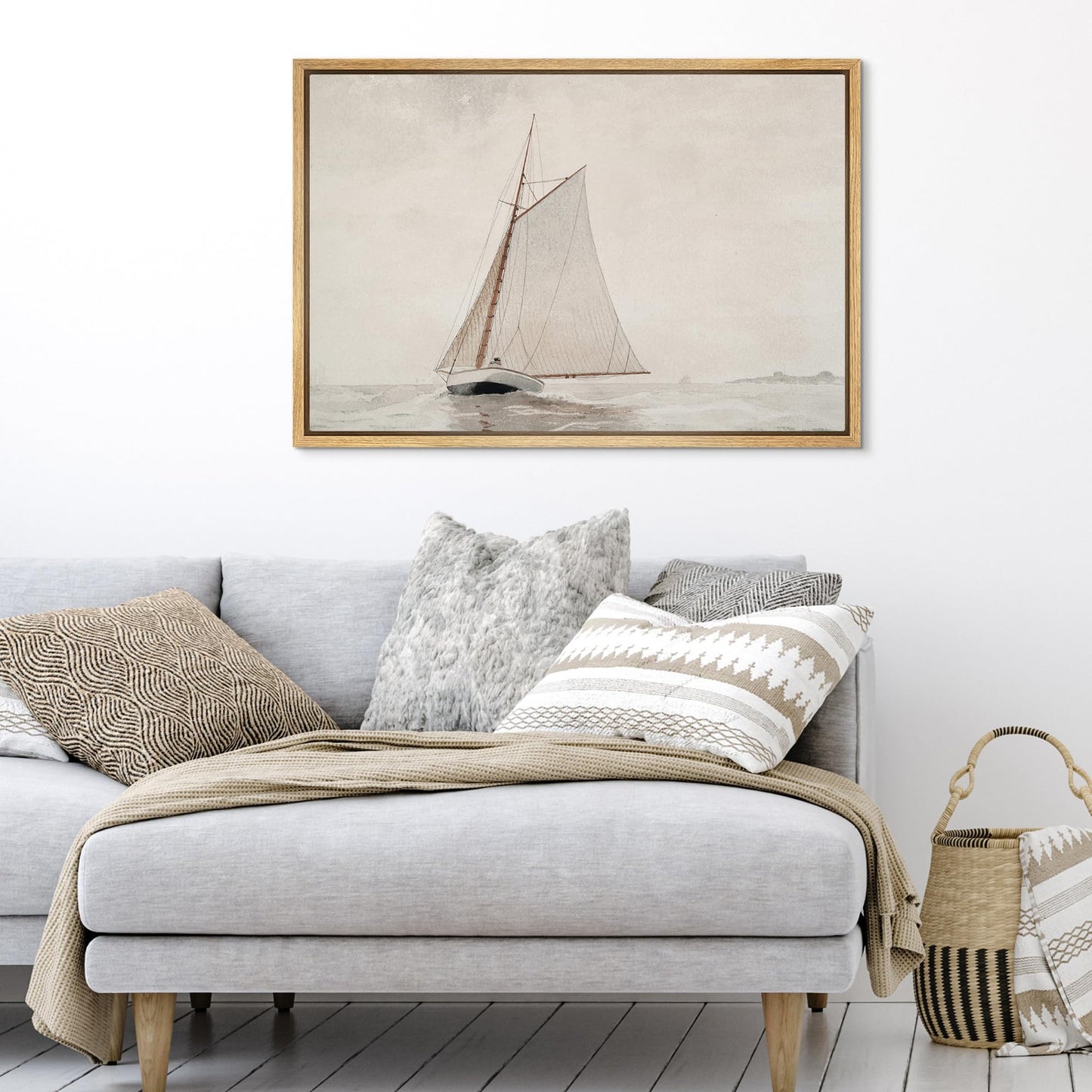 SIGNFORD Framed Canvas Print Wall Art Classic Sailboat Sketch Nautical Watercolor Illustrations Modern Art Minimal Relax/Calm for Living Room, Bedroom, Office - 16"x24" Natural