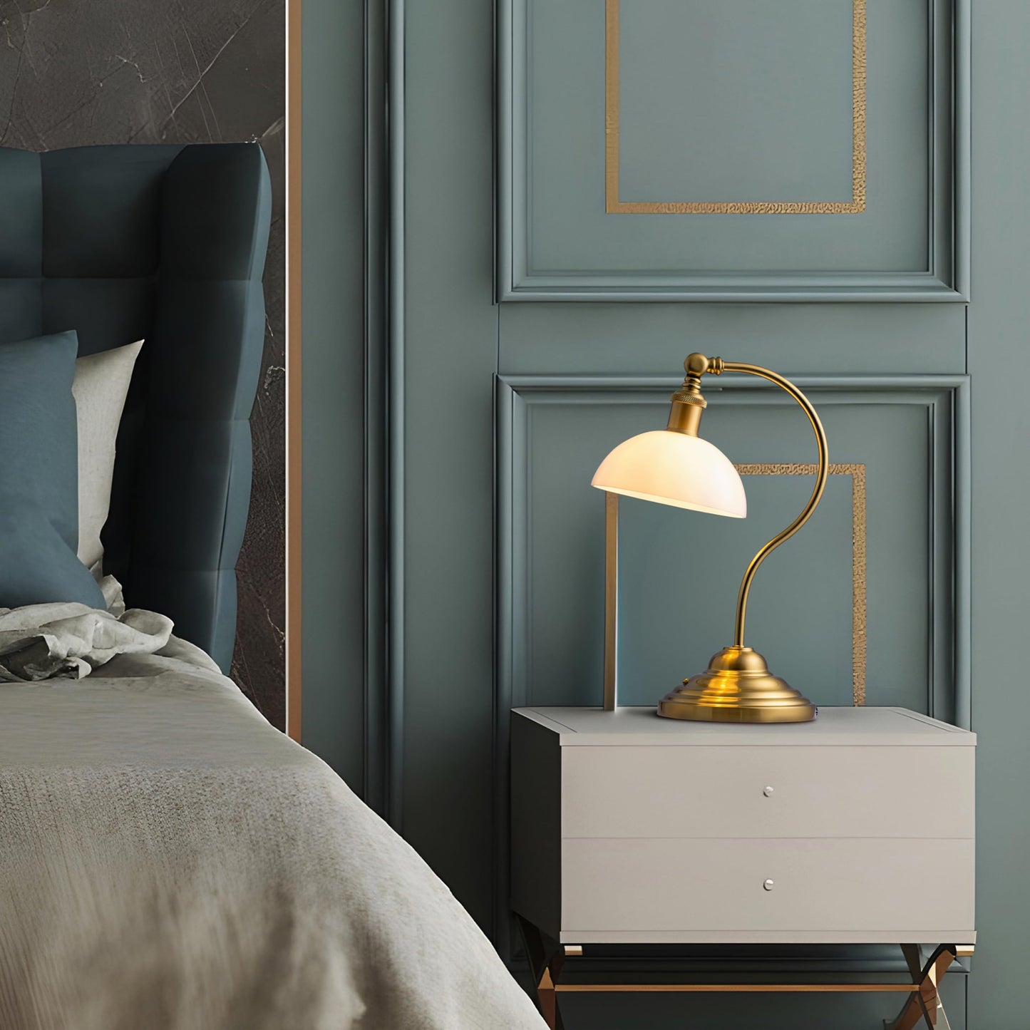 O'Bright Bankers - Cordless LED Table Lamp, Battery-Operated, Rechargeable, 3-Level Dimming, Universal USB-C Charging, 180° Swivel Head, White Jade Glass Shade, Antique Brass