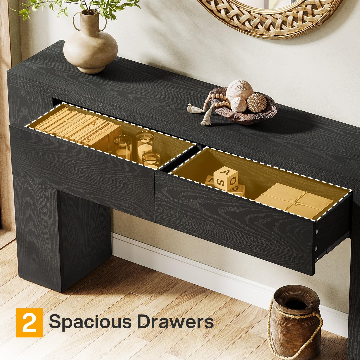 Tribesigns 63-Inch Wooden Console Table with 2 Hidden Drawers, Farmhouse Rustic Brown Sofa Table for Living Room, Hallway, Entrance, Foyer, Easy Assembly (Black)