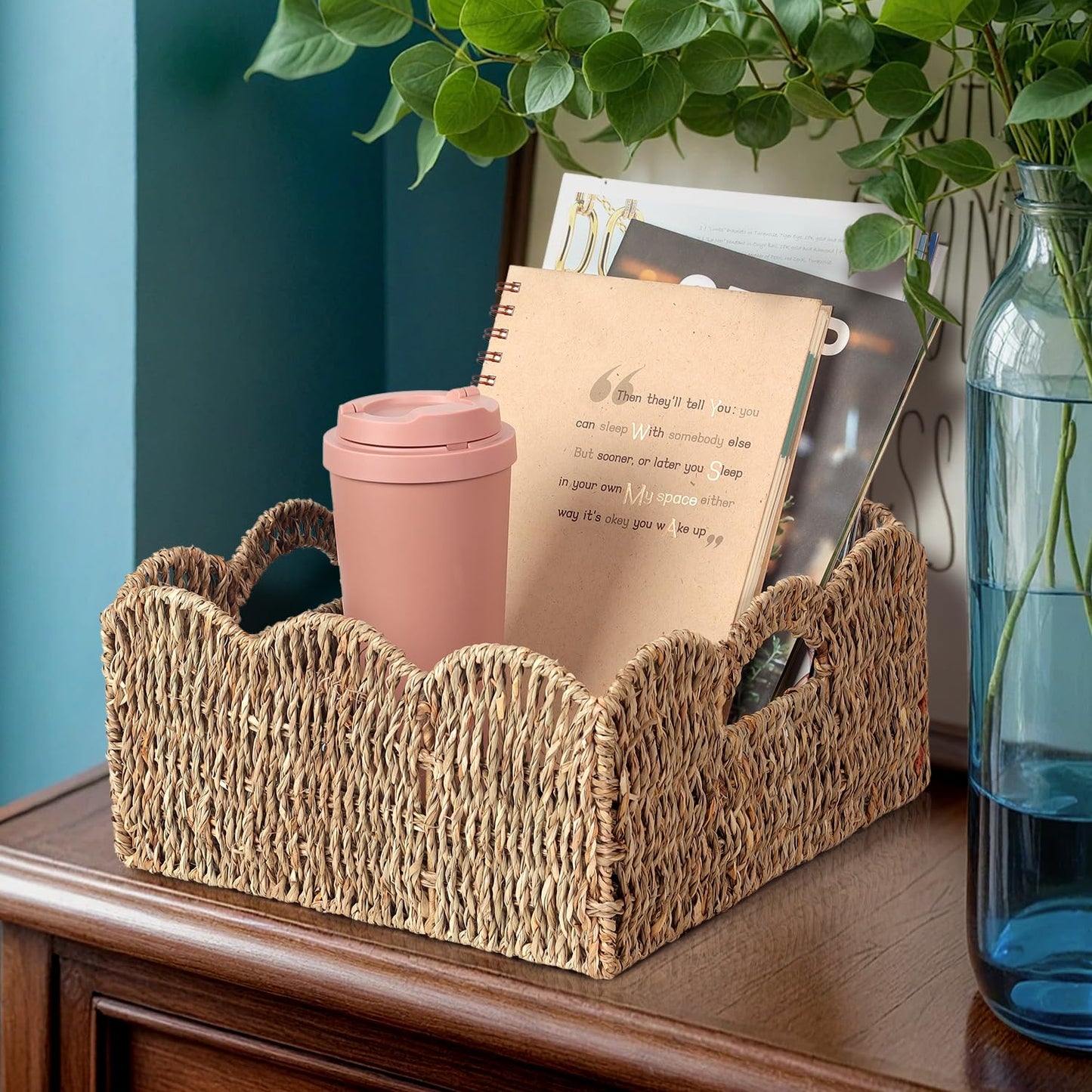 Scalloped Baskets (Natural-Set of 2) Seagrass Basket For Decor, Basket Living Room Organizer, Bathroom, Bedroom, Laundry,... Seagrass Storage Baskets with Built-in Handles.