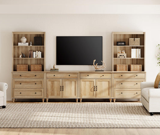 WAMPAT Entertainment Center with Bookshelves for TVs up to 75", Farmhouse Wall Unit TV Stand with Doors & Drawer, Media Console Table for Living Room, Bedroom & Home Theater, Oak