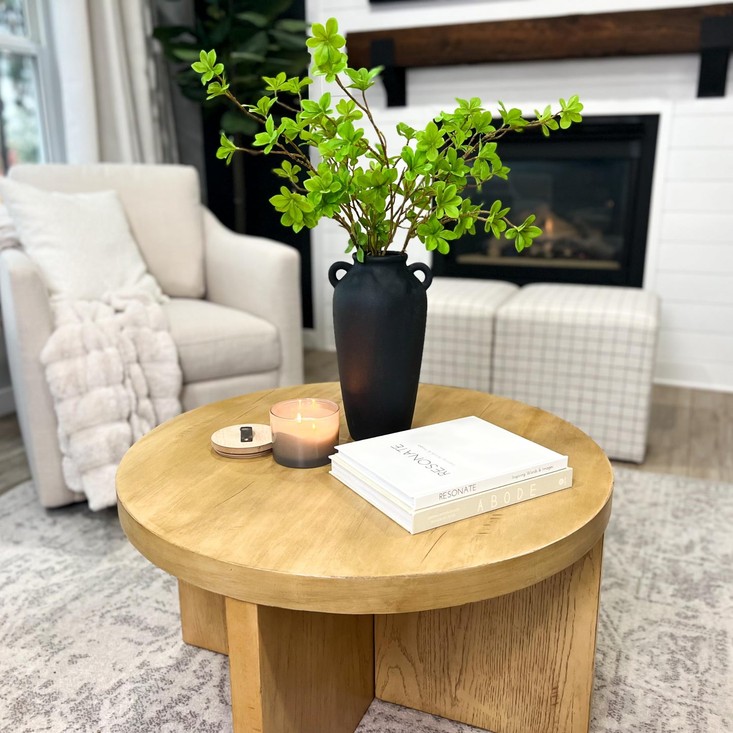 12 Inch Tall Black Ceramic Vase, with 5 Branches of 25 Inch Faux Artificial Vibrant Greenery Stems Set, Textured Minimalist Jug, Fake Stem Plants, Decorative Farmhouse, Console Table Centerpiece Decor