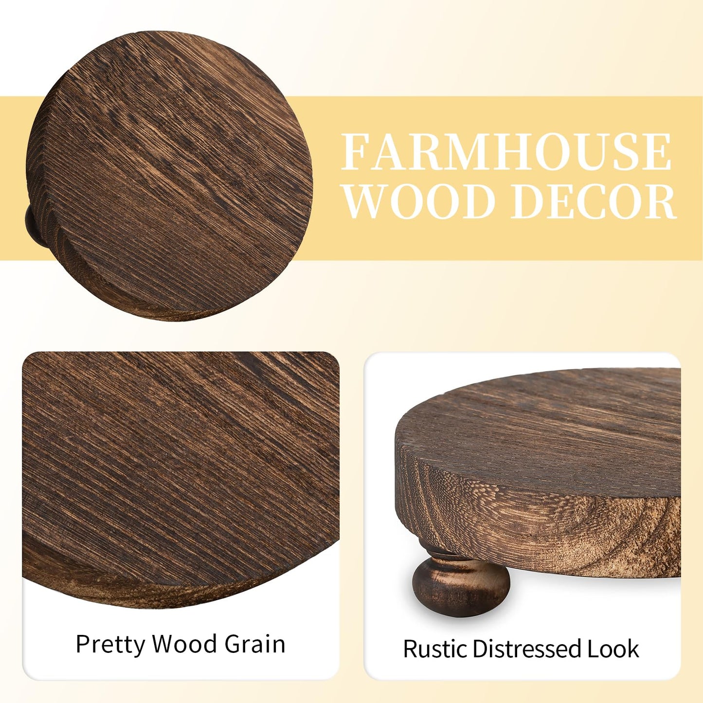 Romadedi Farmhouse Wood Riser for Display- 2 pcs Rustic Decor Mini Wooden Pedestal Decorative Round Tray for Home Table Bathroom Counter Shelf Kitchen, Brown