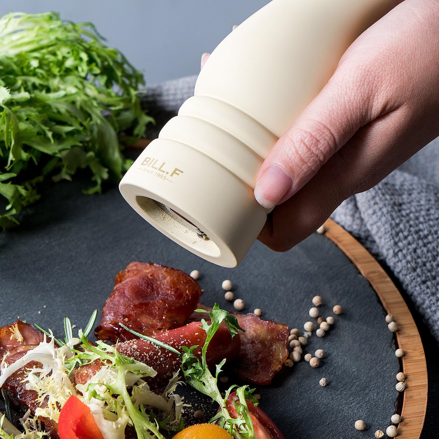 BILL.F Salt and Pepper Grinder Wooden Pepper Mill Grinder White Salt Pepper Shakers Set of 2 with Adjustable Ceramic Rotor- 7 Inch