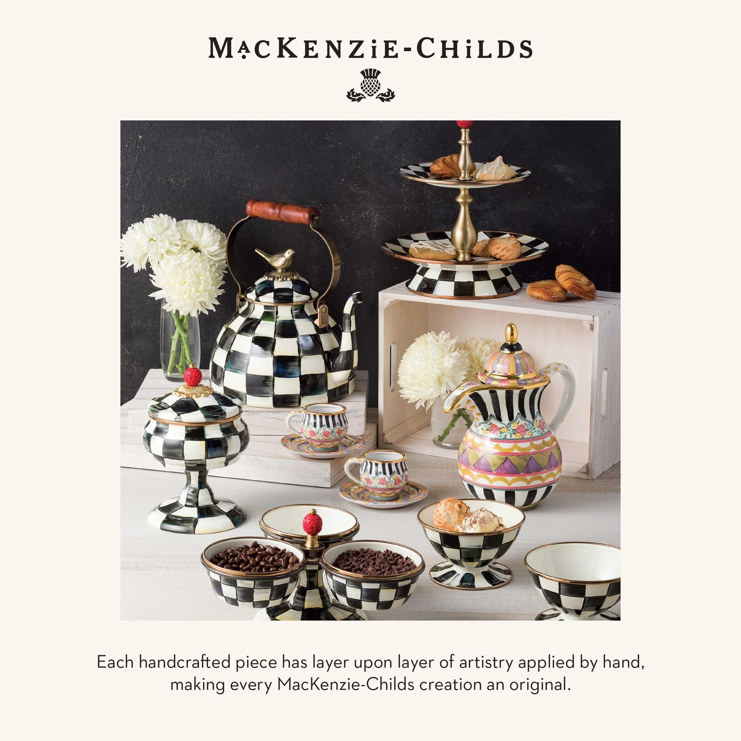 MACKENZIE-CHILDS Tall Enamel Vase, Unique Flower Vase, Decorative Table Decor for Living Room, Black-and-White Courtly Check