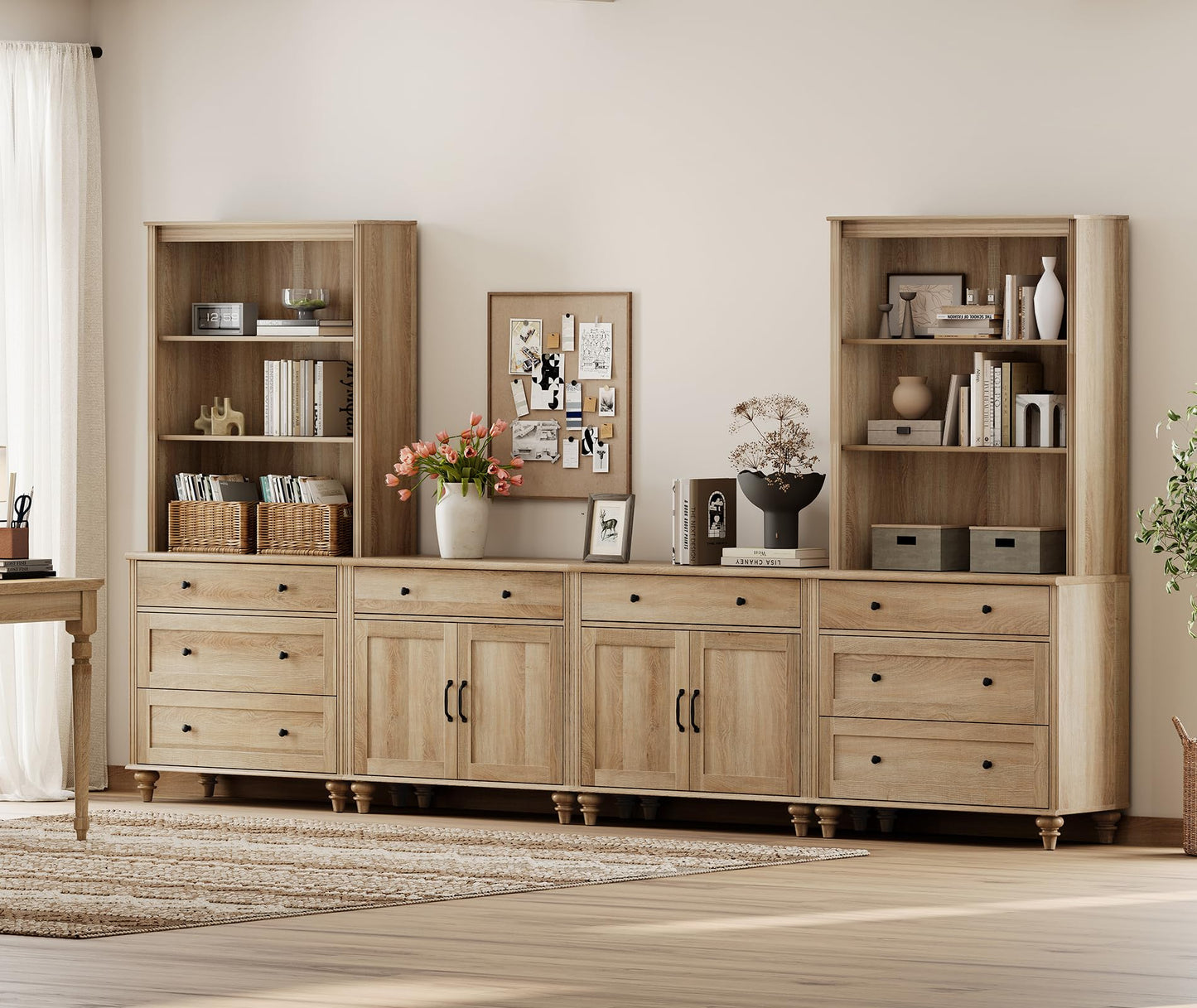 WAMPAT Entertainment Center with Bookshelves for TVs up to 75", Farmhouse Wall Unit TV Stand with Doors & Drawer, Media Console Table for Living Room, Bedroom & Home Theater, Oak