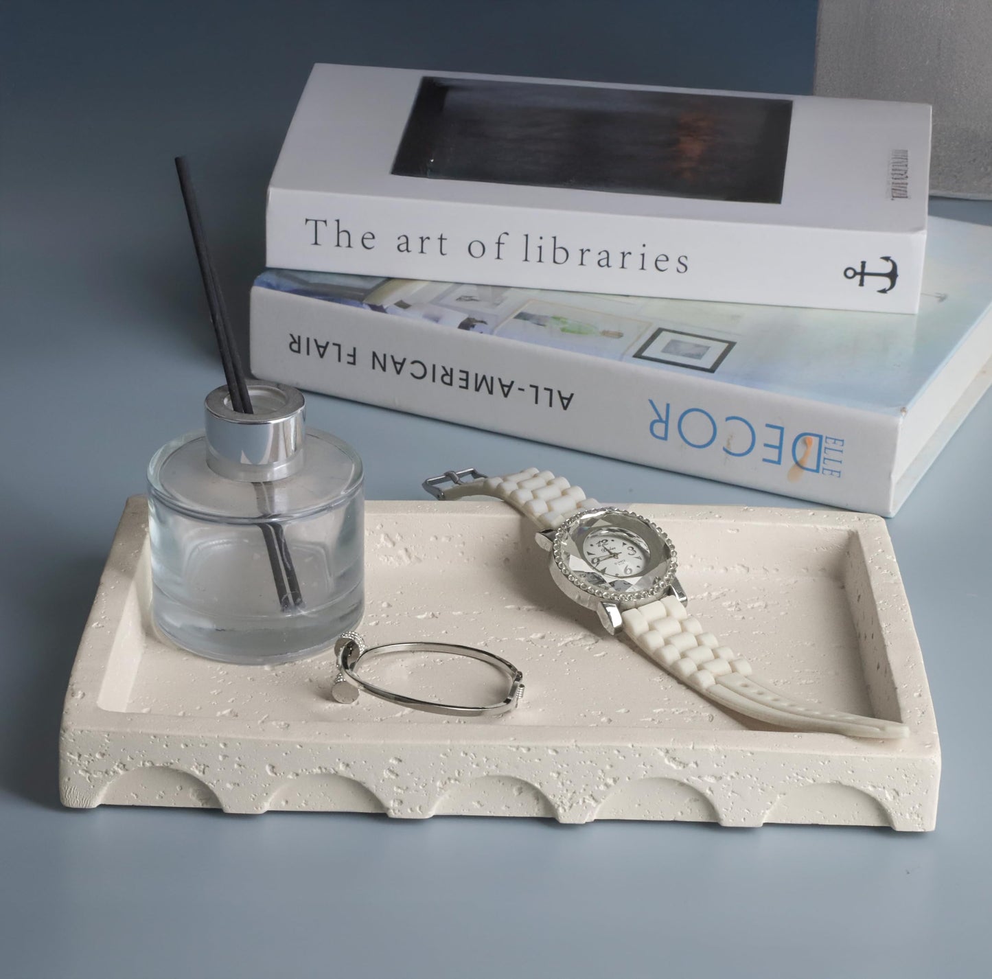 Vixdonos Decorative Tray with Semi-Circular Pattern Edge,Rectangular Concrete Tray for Coffee Table Decor,9.8X5.8X1.2 Inches(Beige)