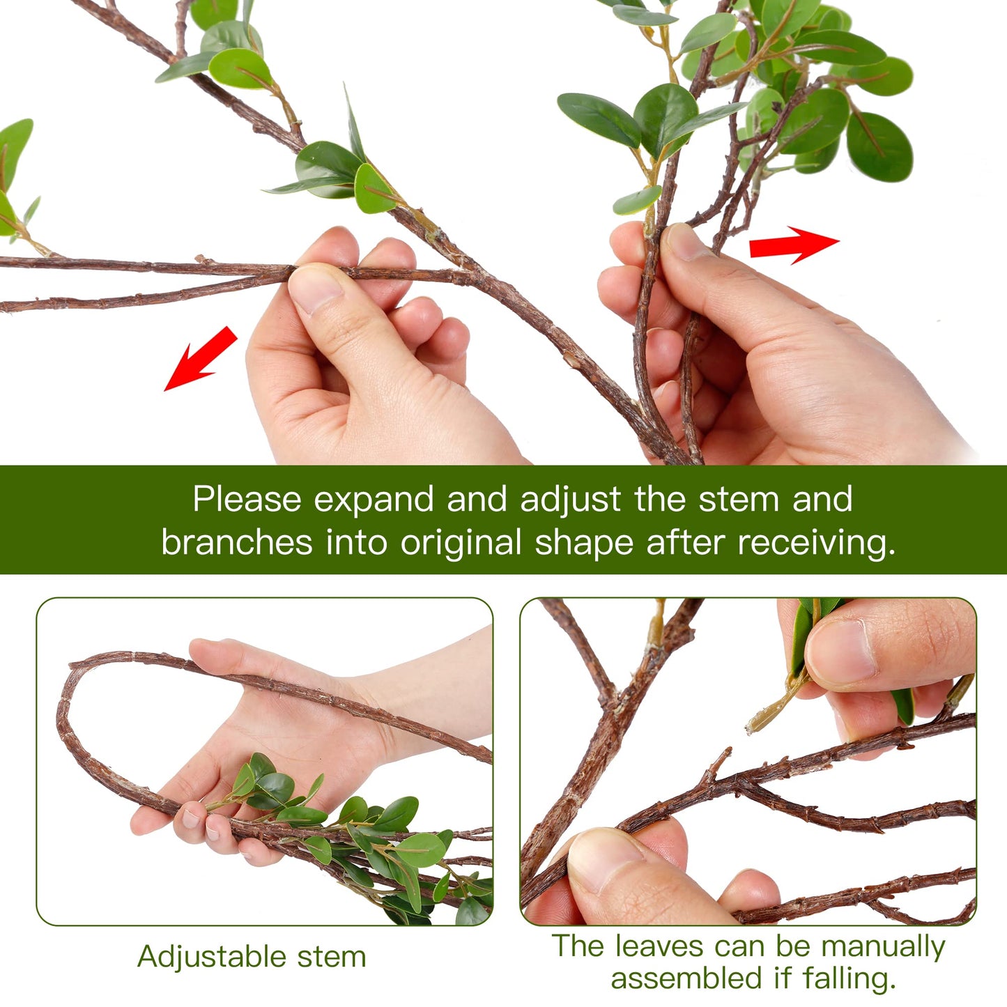 Sggvecsy 43’’ 4Pcs Artificial Ficus Branches Faux Leaf Spray Green Eucalyptus Branches Artificial Greenery Stems Fake Ficus Twig Plants for Home Office Wedding Vase Filler Shop Decoration