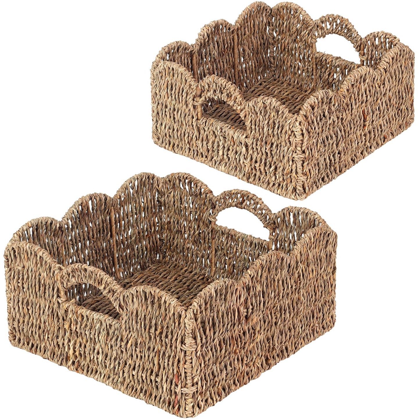 Scalloped Baskets (Natural-Set of 2) Seagrass Basket For Decor, Basket Living Room Organizer, Bathroom, Bedroom, Laundry,... Seagrass Storage Baskets with Built-in Handles.