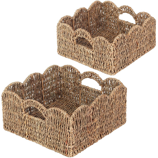 Scalloped Baskets (Natural-Set of 2) Seagrass Basket For Decor, Basket Living Room Organizer, Bathroom, Bedroom, Laundry,... Seagrass Storage Baskets with Built-in Handles.