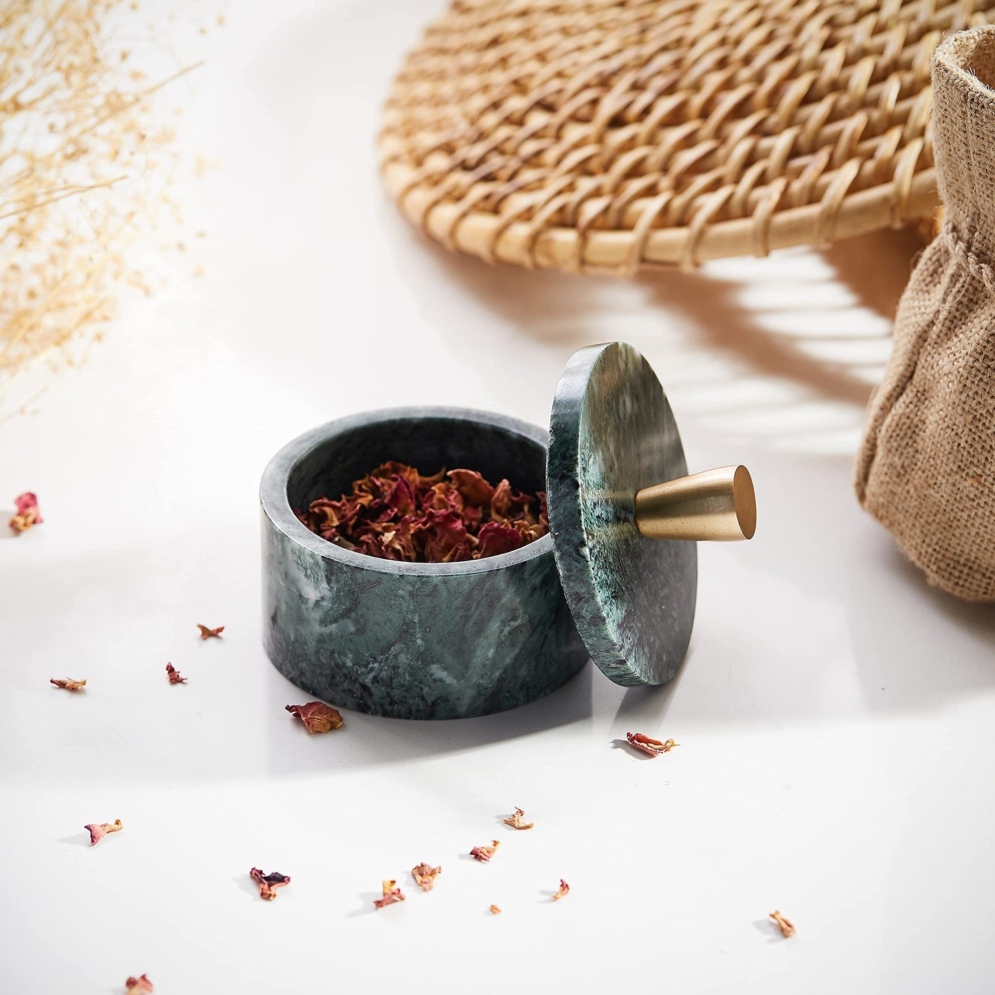 Queenza Marble Salt Cellar with Lid and Brass Knob (Green)