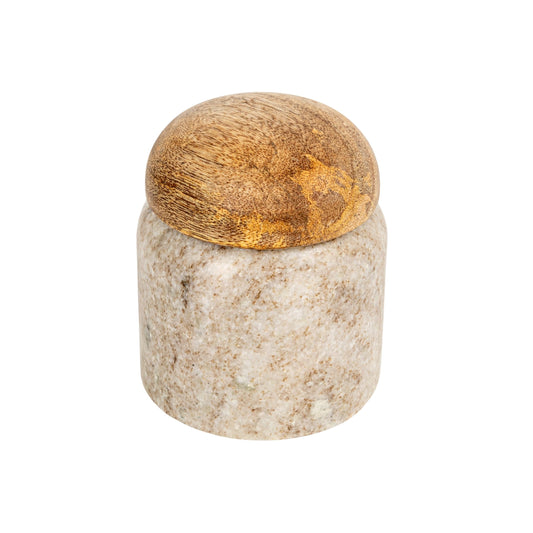 Creative Co-Op Unique Marble and Mango Wood Pinch Pot Canister with Lid, Vary Slightly in Color and Grain, Natural