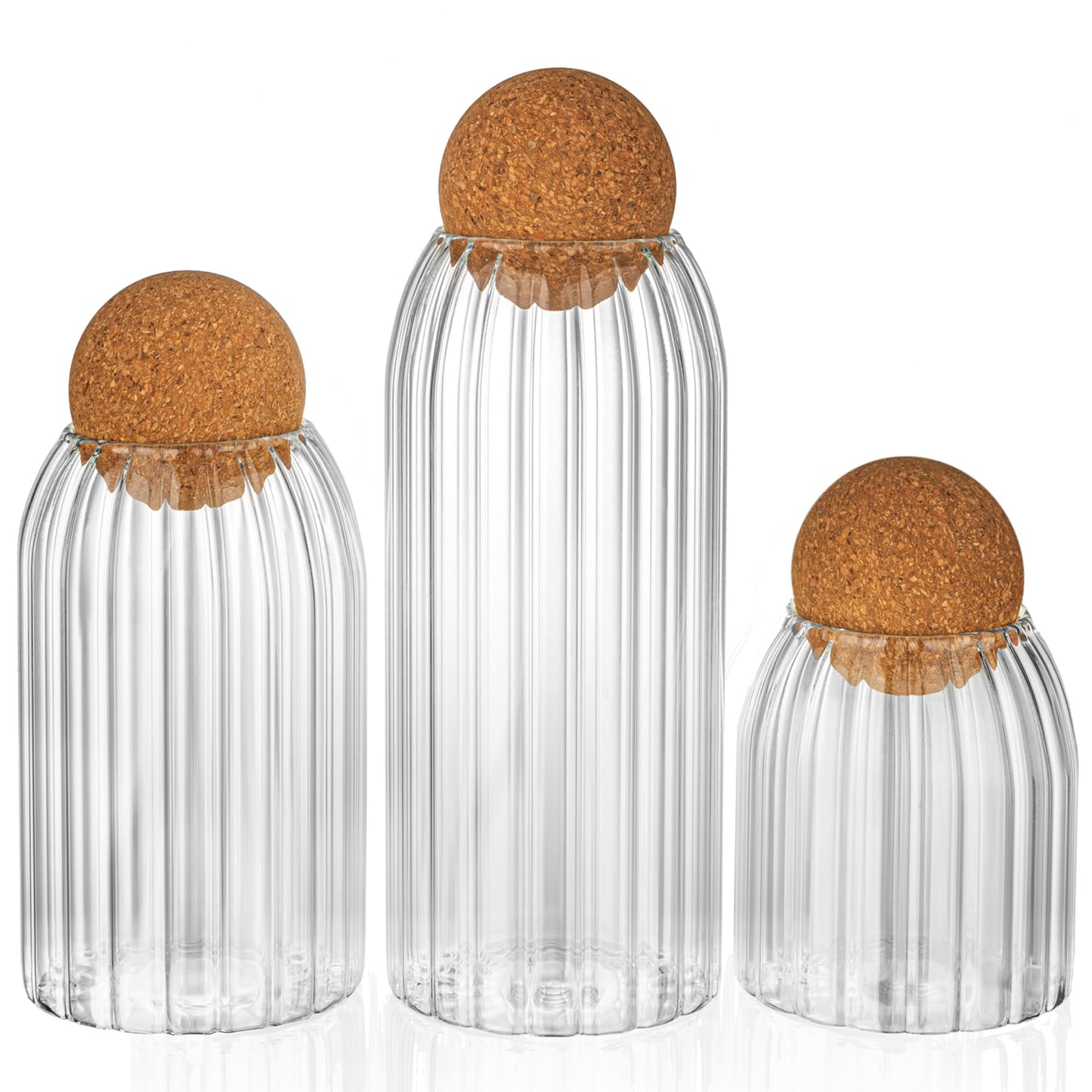 Wisifayardin Glass Jar Set of 3 - Airtight Sealed Cork Lids, Round Glass Bottles for Coffee Beans, Nut Storage, Canisters with Wooden Cork & Ball Lids, Glass Containers