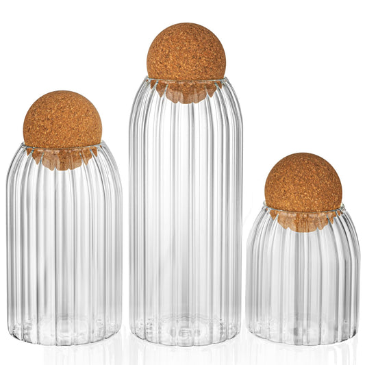 Wisifayardin Glass Jar Set of 3 - Airtight Sealed Cork Lids, Round Glass Bottles for Coffee Beans, Nut Storage, Canisters with Wooden Cork & Ball Lids, Glass Containers