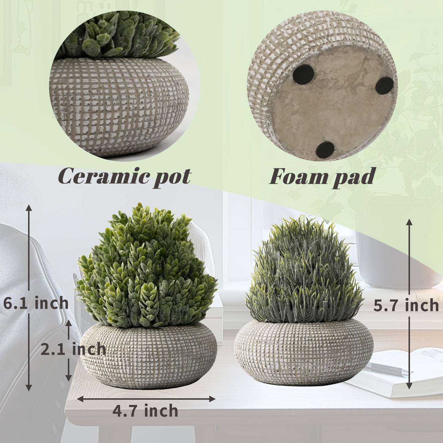 PENGYEE 2Pack Small Fake Plants 6.1/5.7 Inch, Artificial Plants Indoor in Cement Planter, Faux Plants Indoor for Room Bathroom Bedroom Kitchen Office Home Decor