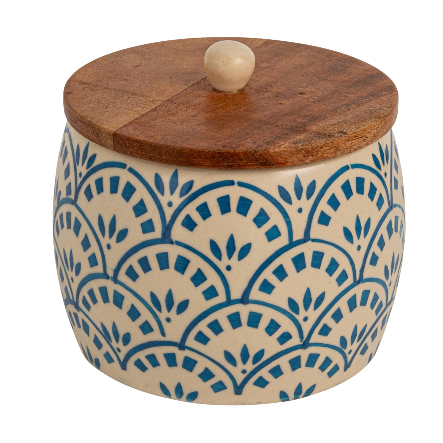 Creative Co-Op Stoneware Canister with Lid, Cream Color, Blue and Natural
