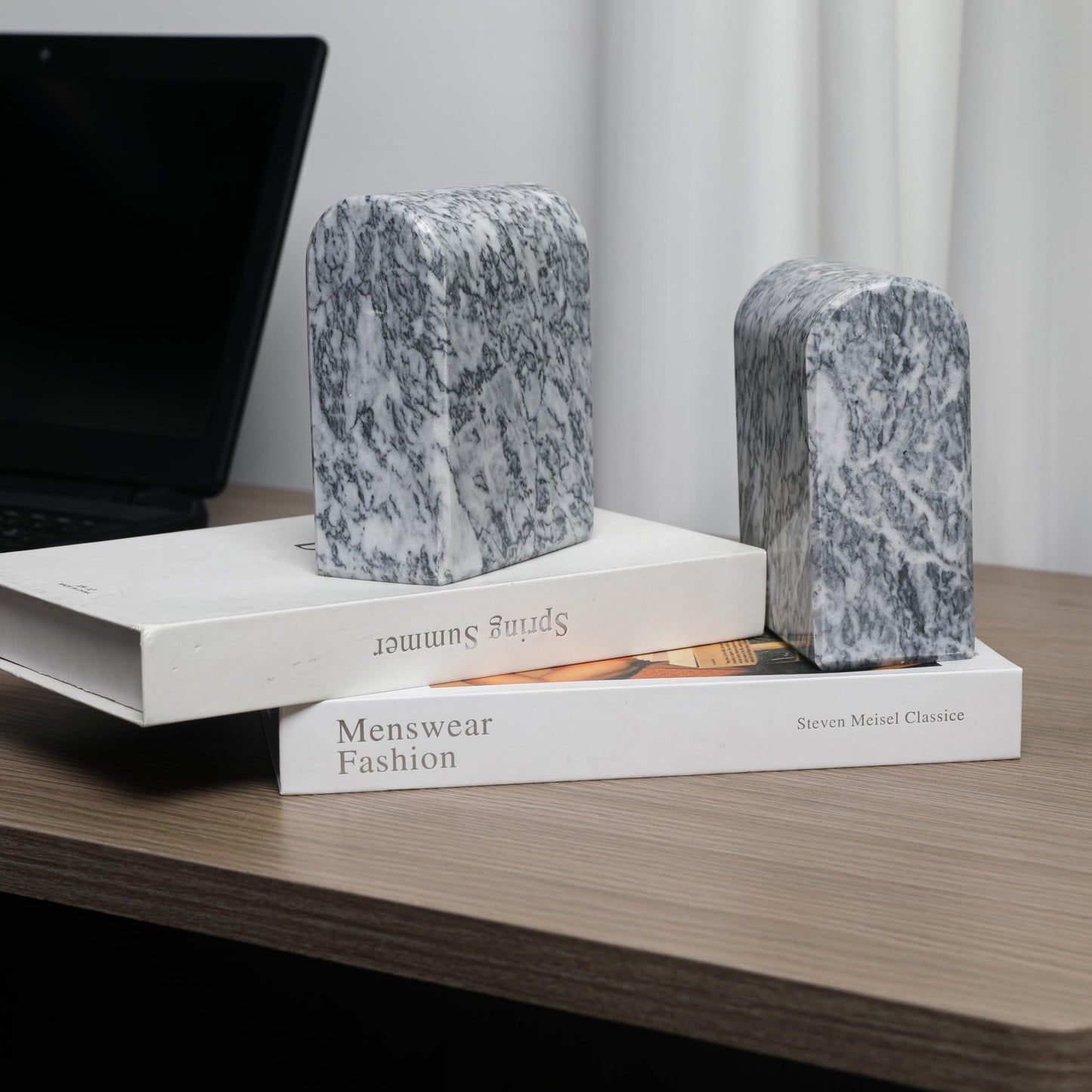Faticdorr Natural Marble Bookends for Shelves, 13LB Heavy Duty Marble Book Ends for Heavy Books, Stone Bookends Decorative, Polished, Grey Arch, Set of 2