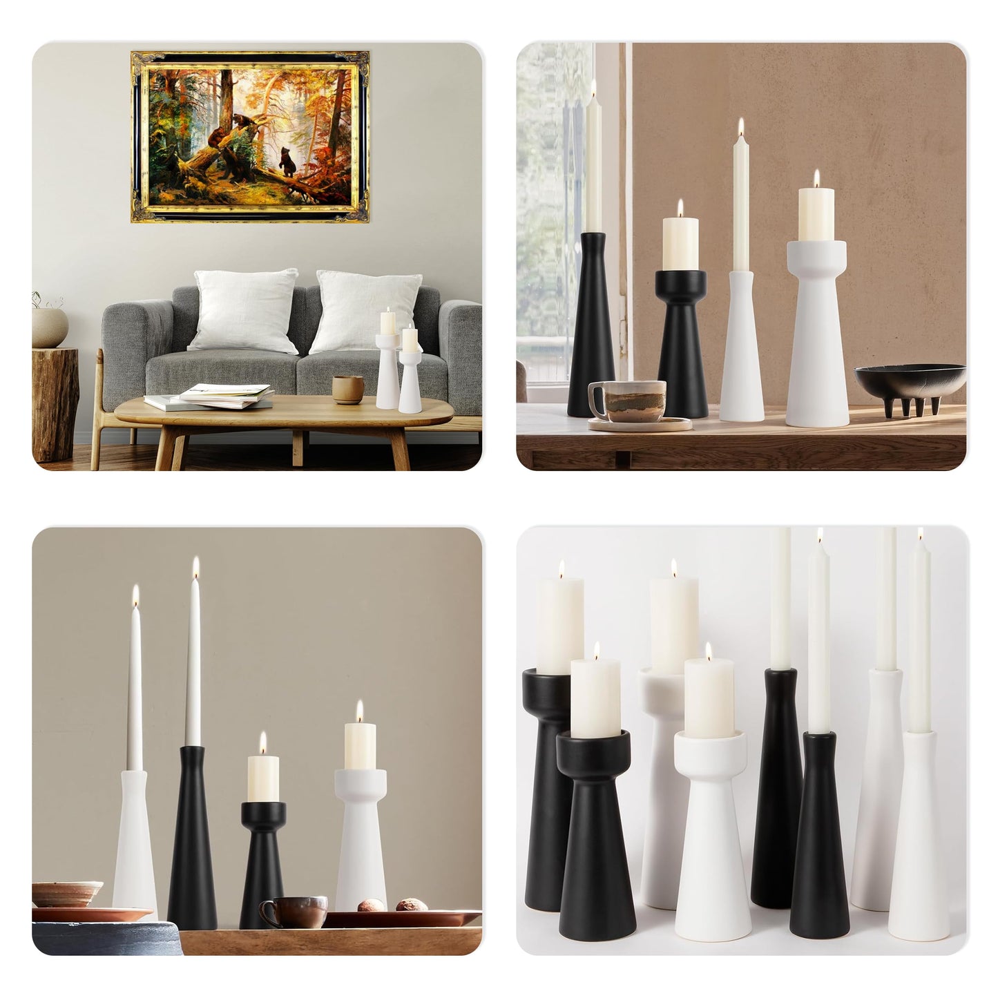 Set of 2 White Ceramic Taper Candle Holders, Matte Decorative Candlestick Holders in Small & Large Sizes for Home Decor, Dining Table, Weddings, Parties, and Aromatherapy