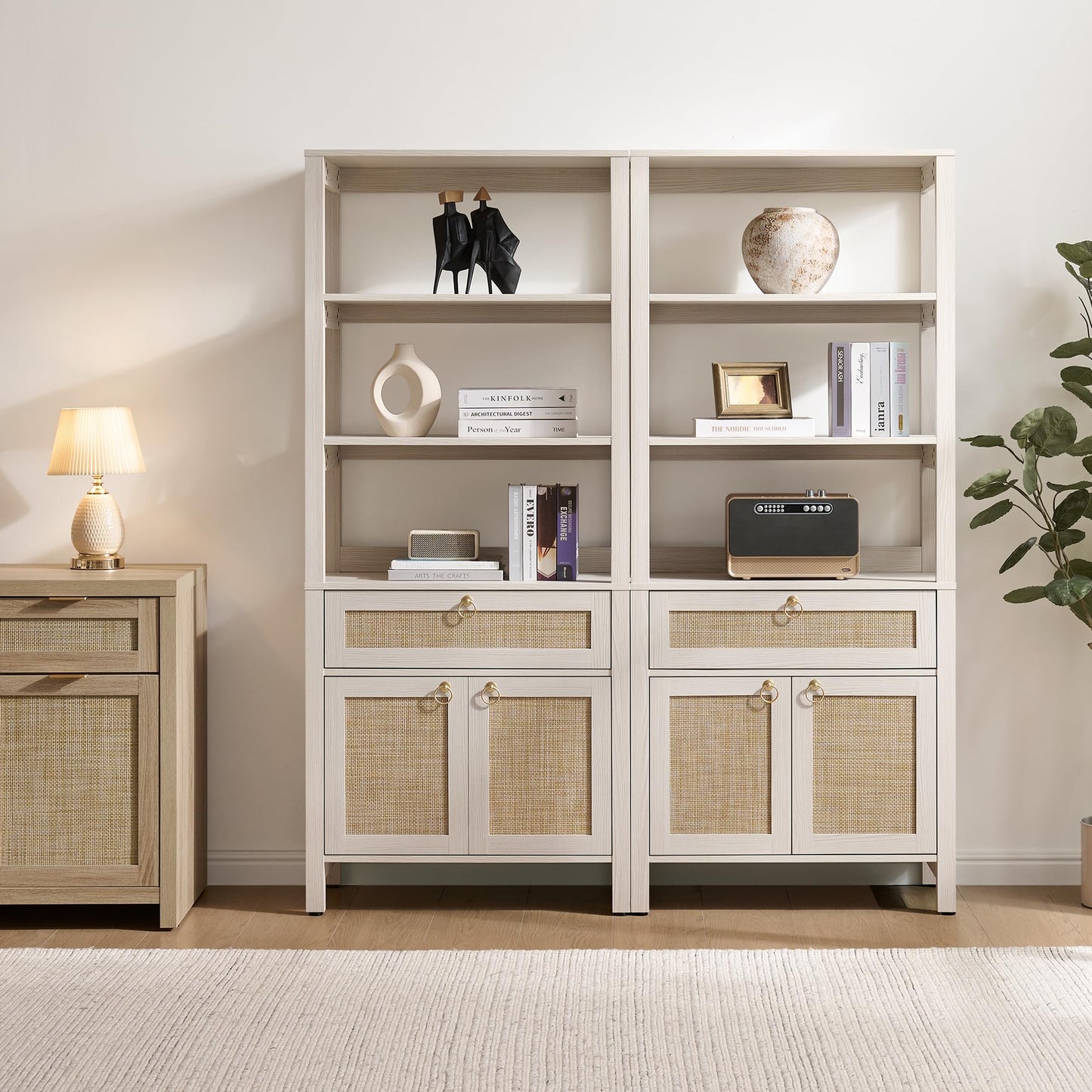 SICOTAS White Bookshelf with Drawer and Doors, Rattan Bookshelf with Round Gold Handle, 3 Tier Shelf for Storage, 68.5" Tall Book Shelf Boho Bookshelves for Home Office (3, White Cream Oak)