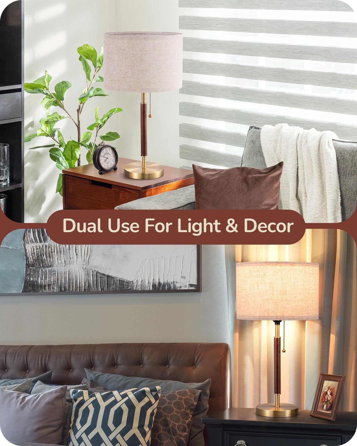 EDISHINE Mid Century Table Lamp, Bedside Lamp with Pull Chain Switch, Solid Wood & Metal Pole, Modern Nightstand Table Lamp for Living Room, Bedroom, Office, Frosted Bronze & Wood Finish