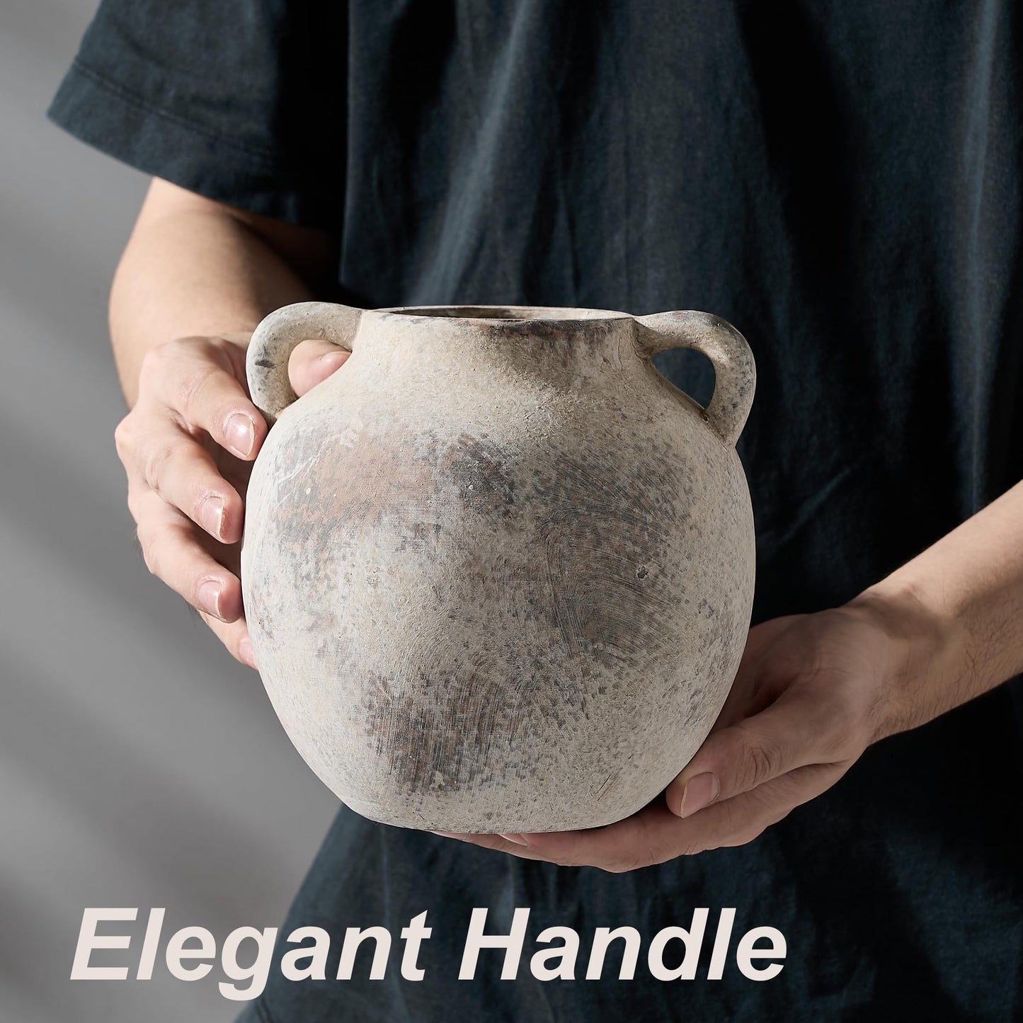 PORCER Antique Ceramic Vase, 5.8 Inch Terracotta Vase with Handles, Decorative Rustic Vase for Home Decor, Farmhouse, Living Room, Table, Bedroom, Entrance, Office - Gray