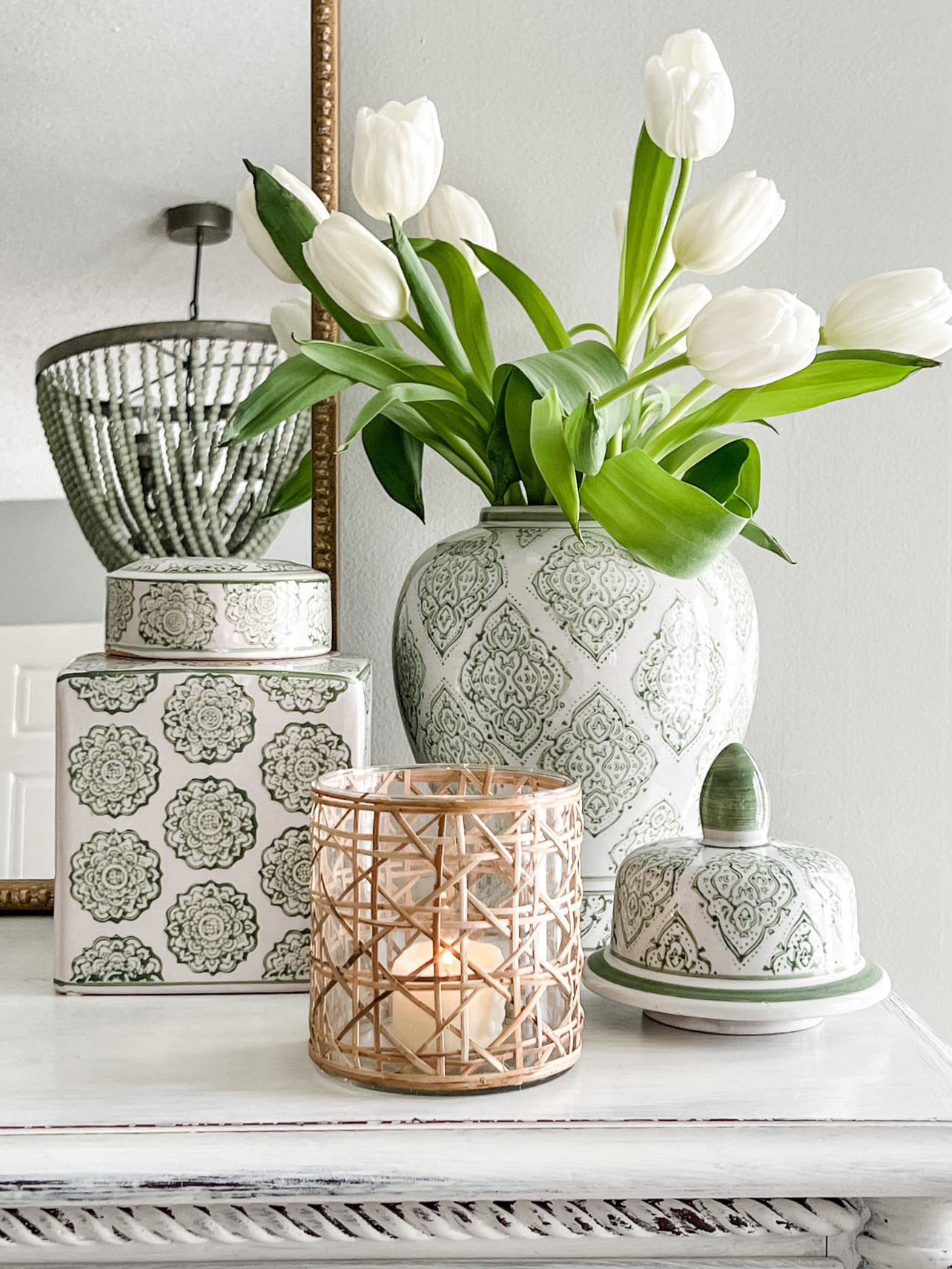 Serene Spaces Living Saigon Cane Wrapped Glass Hurricane Candle Holder, Candle Centerpieces for Tables, Wedding Reception Vases, for Living Room, Fireplace Mantel, Measures 4.75" Tall & 4.5" Diameter