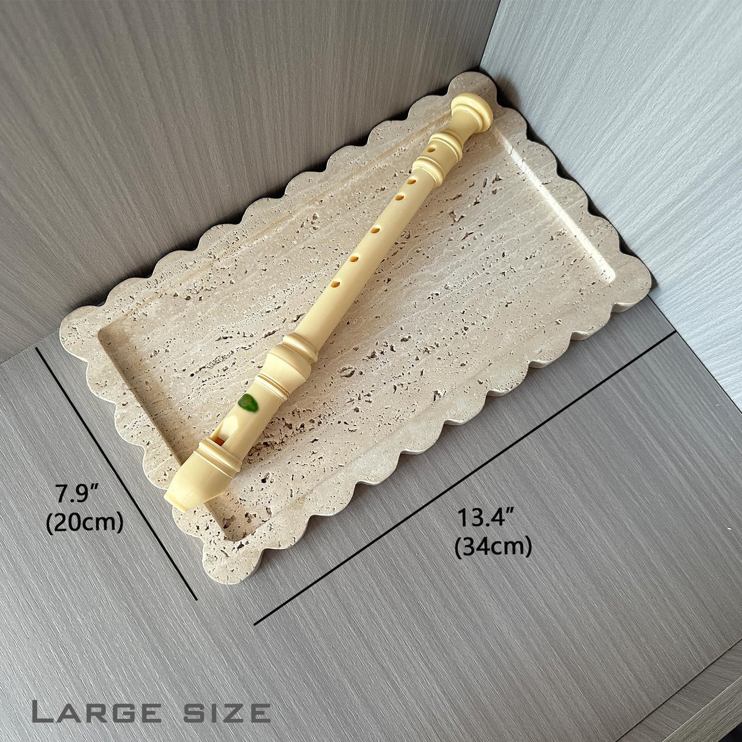 13.4 x 8 inch Large Travertine Tray with Scalloped Edge, Rectangle Decorative Tray for Coffee Table/Bathroom/Kitchen (Beige Travertine)