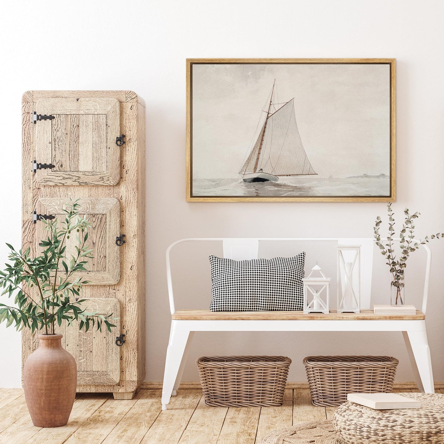 SIGNFORD Framed Canvas Print Wall Art Classic Sailboat Sketch Nautical Watercolor Illustrations Modern Art Minimal Relax/Calm for Living Room, Bedroom, Office - 16"x24" Natural