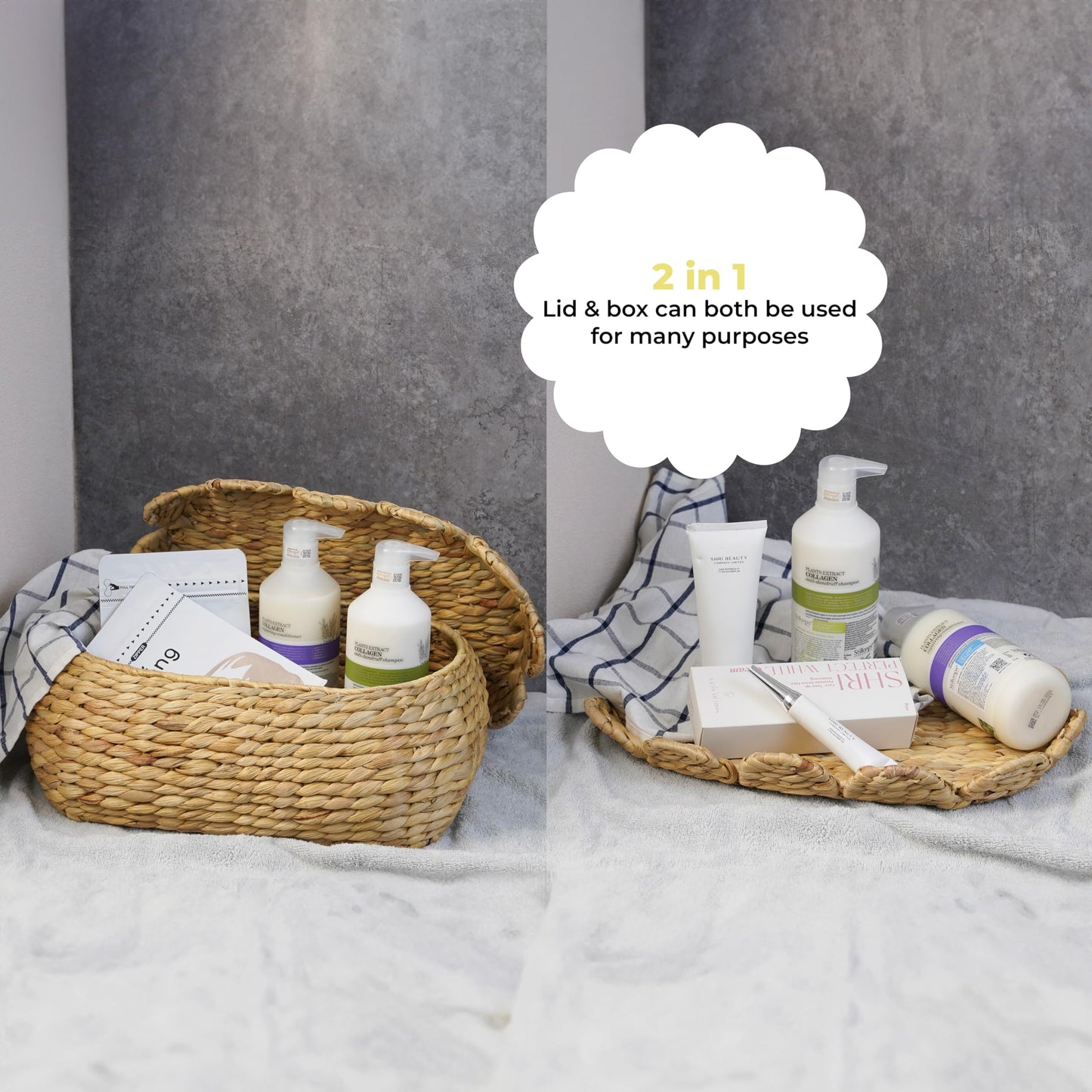 LUSYDECO Round Wicker Storage Baskets with Lid, Rattan Basket Decorative Boxes, Woven Storage Box Hyacinth Basket with Lids, Scalloped Edge Wicker Basket with Lid, Set of 2