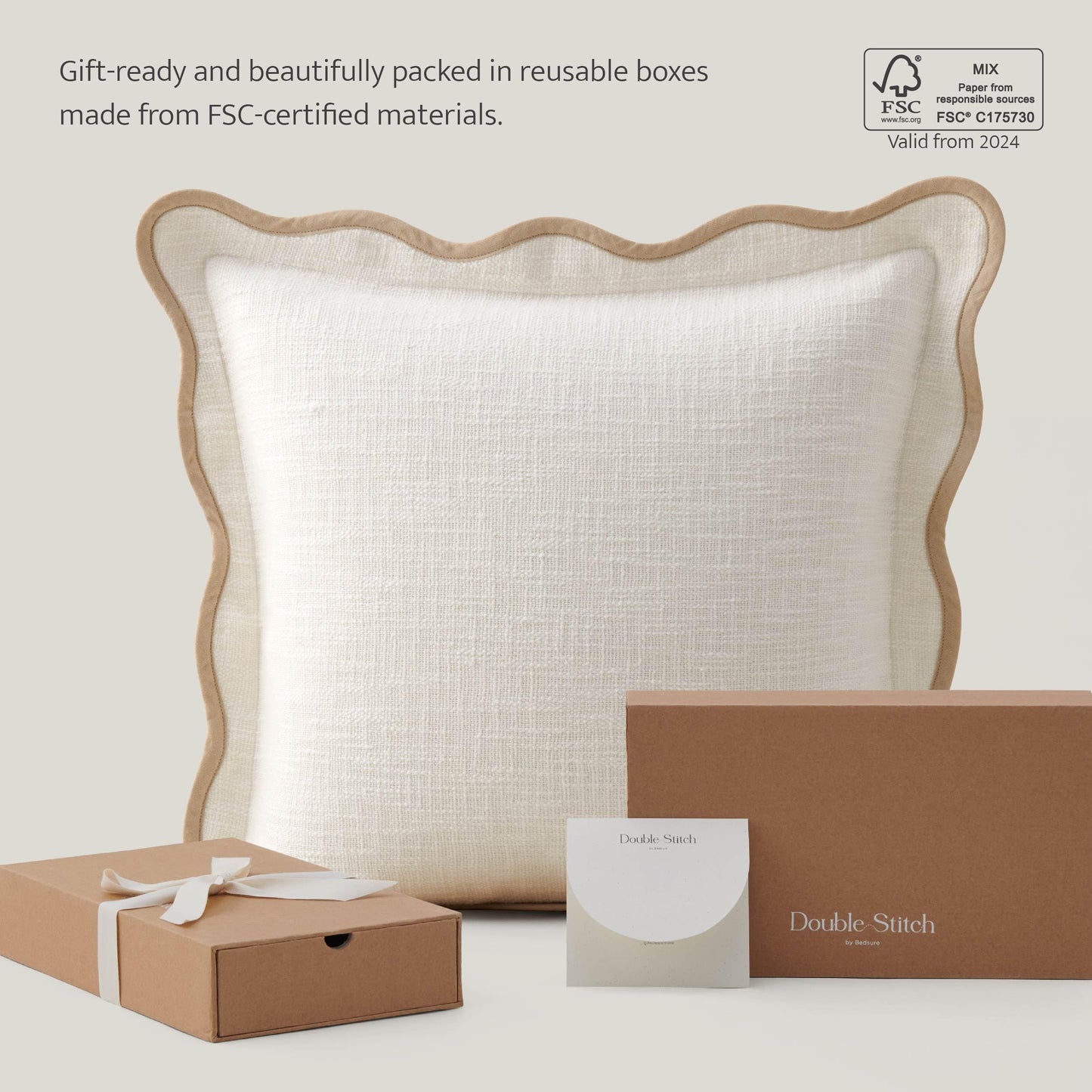 Double Stitch Scalloped Throw Pillow Covers - 100% Cotton Decorative Boho Pillow Covers 18 x 18, Made in India, Square Cushion Case, Modern Home Decor for Couch Sofa Living Room, Cream