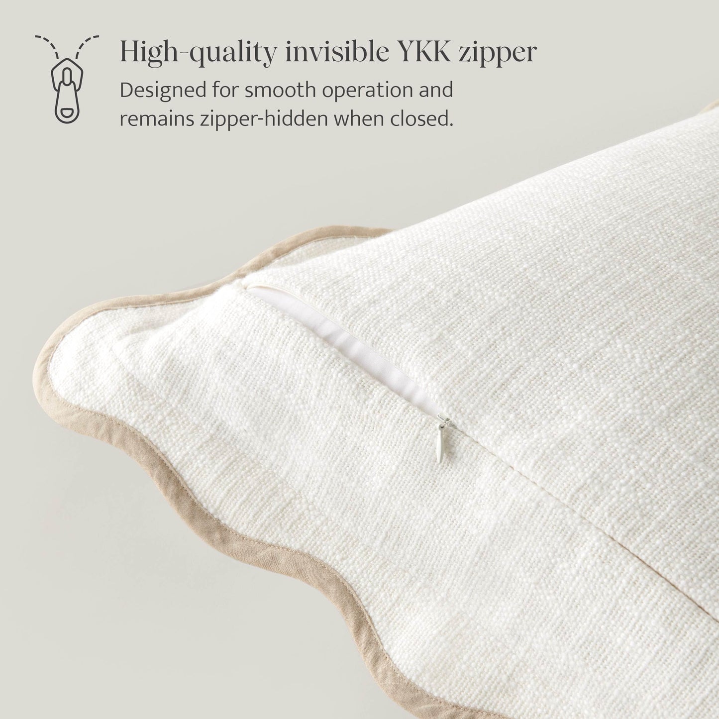 Double Stitch Scalloped Throw Pillow Covers - 100% Cotton Decorative Boho Pillow Covers 18 x 18, Made in India, Square Cushion Case, Modern Home Decor for Couch Sofa Living Room, Cream