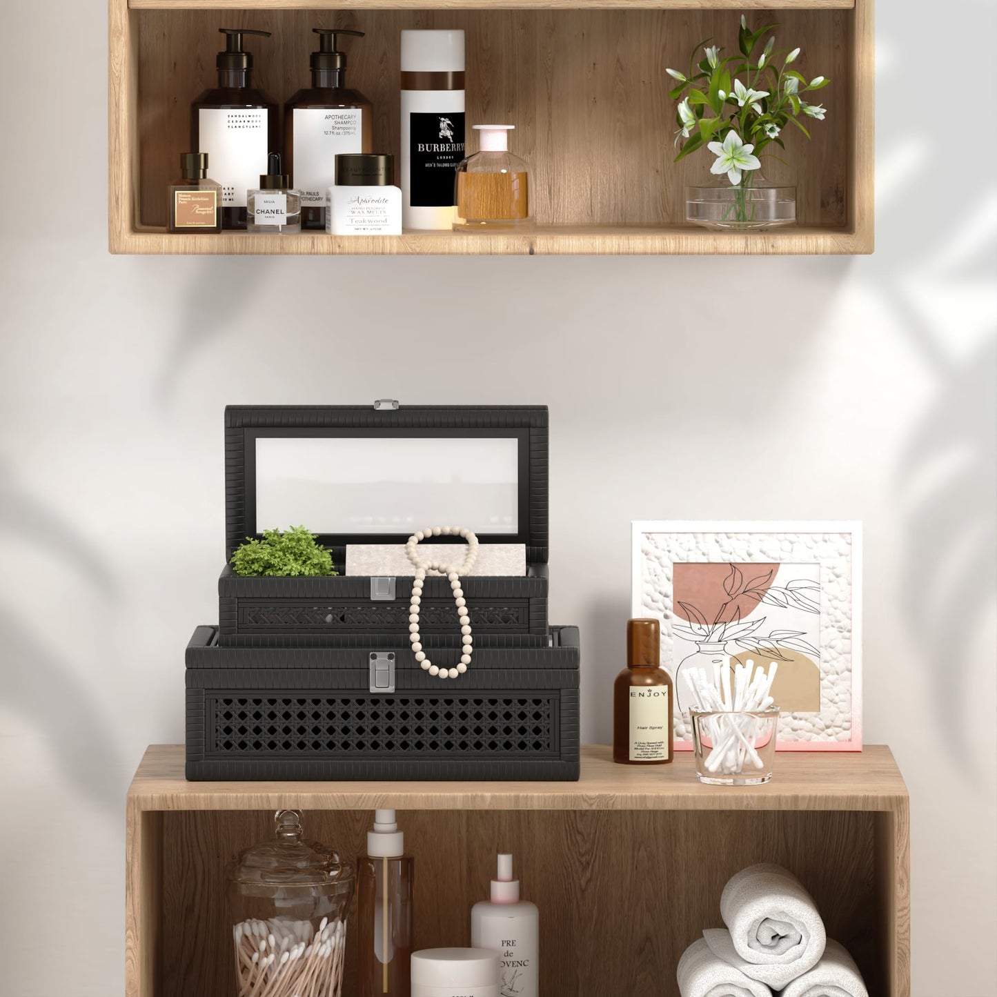 Fllamo Rattan Decorative Box,Boho Display Boxes with Lids,Set of 2 Rectangular Wicker Storage Decoration,Natural Woven Cane Bins for Home Decor for Rustic Farmhouse(Black)