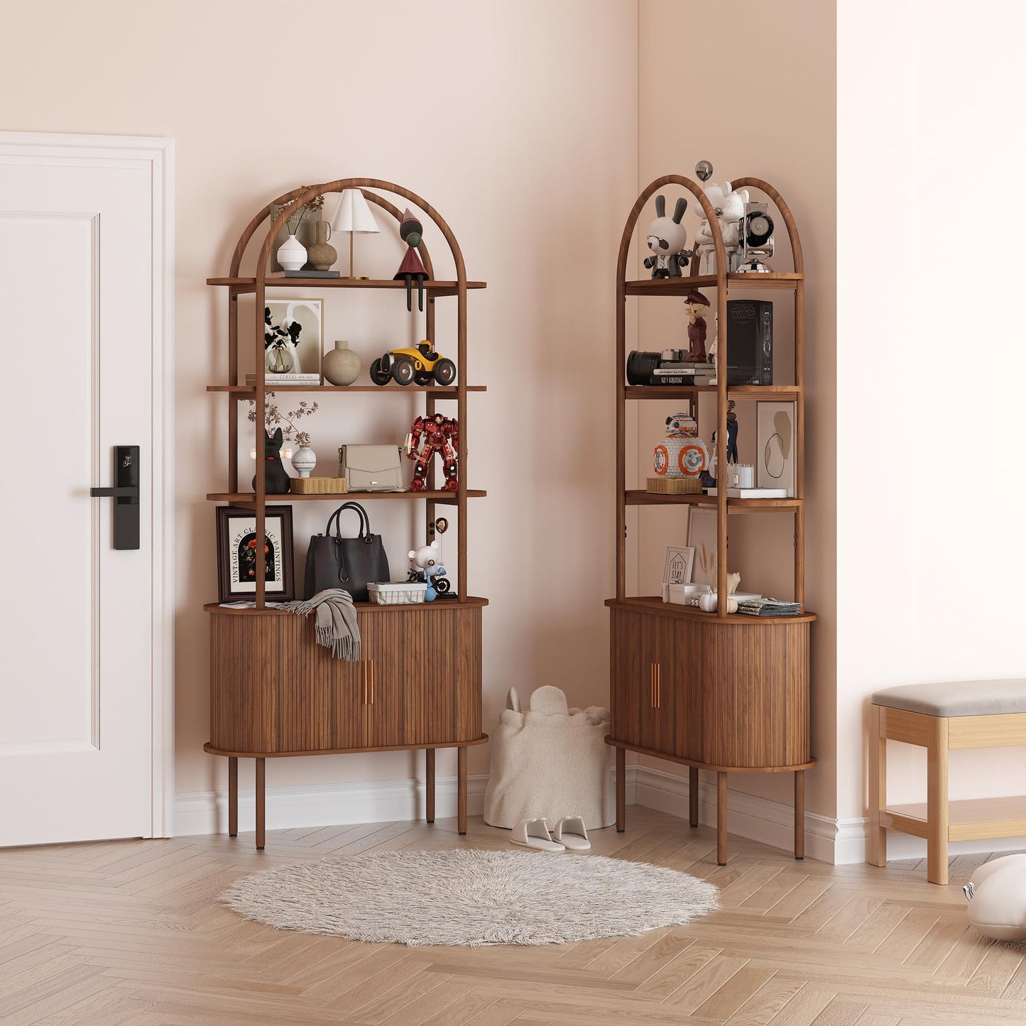 71" Tall Fluted Arched Bookshelf with Sliding Tambour Doors, Mid Century Modern Metal Curved Bookshelf Cabinet with Storage, 4-Tier Open Display Storage Shelf for Home Office, Living Room (Walnut)