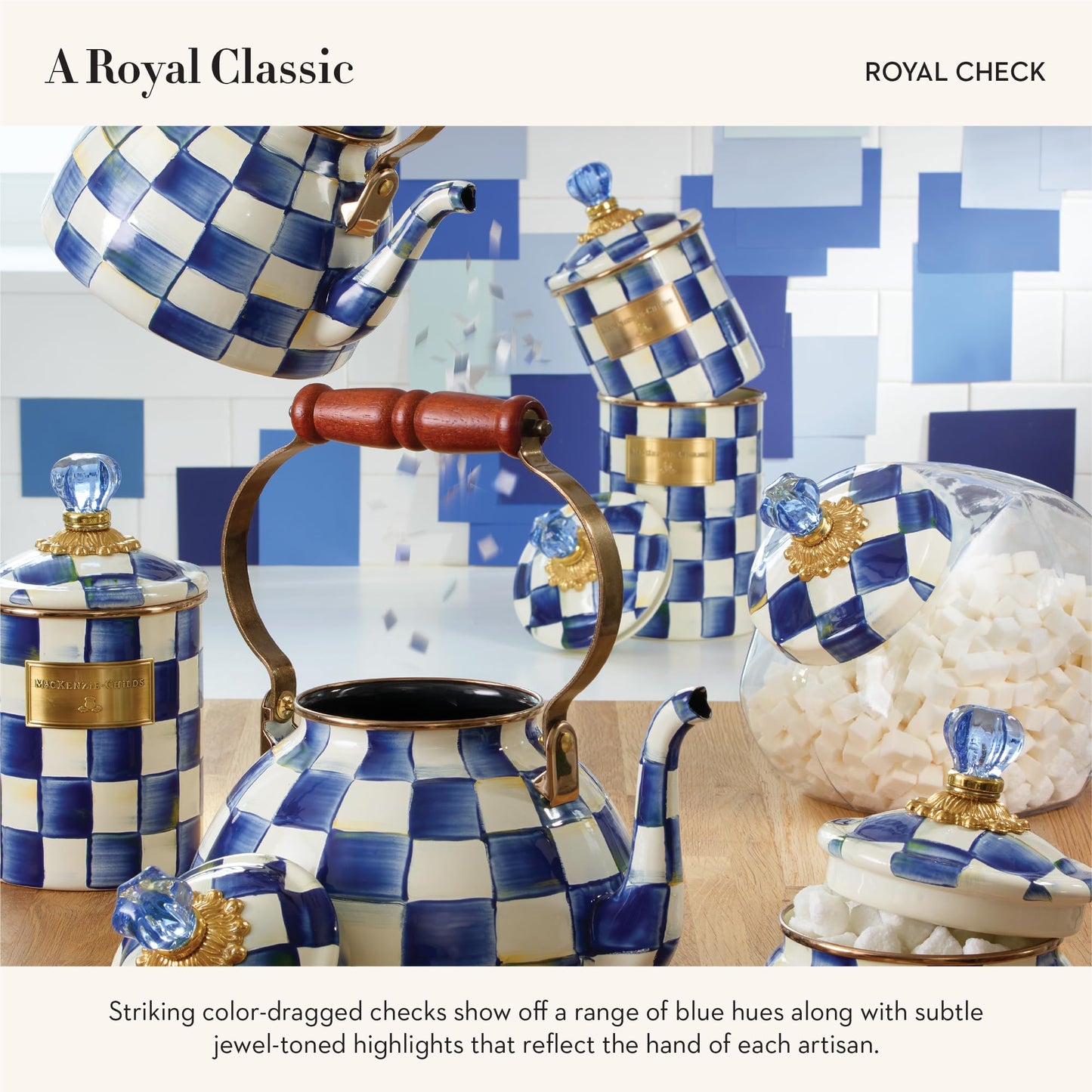 MACKENZIE-CHILDS Enamel Canister Set, Small (38 oz.), Medium (48 oz.), and Large (64 oz.) Kitchen Containers, Blue-and-White Royal Check