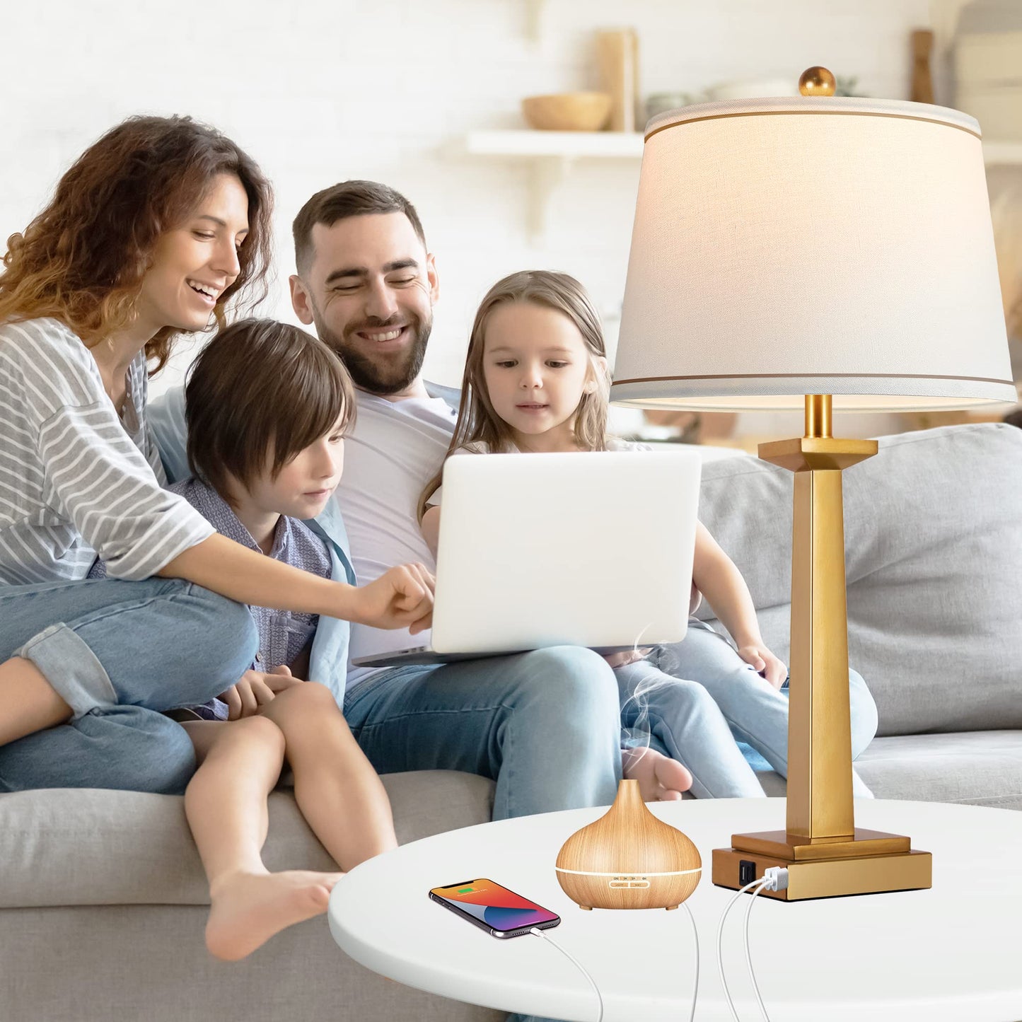 ROTTOGOON 29" Gold Table Lamps for Living Room Set of 2, 3-Color Temperature Nightstand Modern Lamps with Dual USB Charging Ports, Resin Brass Tall Lamp for Bedrooms (LED Bulbs Included)