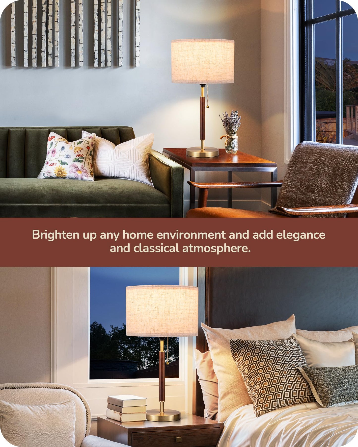 EDISHINE Mid Century Table Lamp, Bedside Lamp with Pull Chain Switch, Solid Wood & Metal Pole, Modern Nightstand Table Lamp for Living Room, Bedroom, Office, Frosted Bronze & Wood Finish