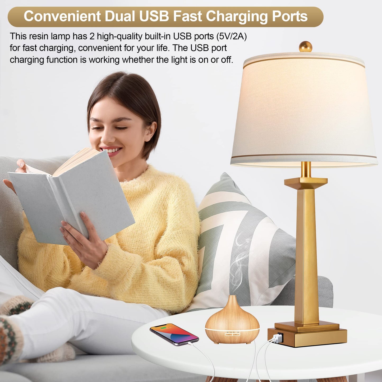 ROTTOGOON 29" Gold Table Lamps for Living Room Set of 2, 3-Color Temperature Nightstand Modern Lamps with Dual USB Charging Ports, Resin Brass Tall Lamp for Bedrooms (LED Bulbs Included)